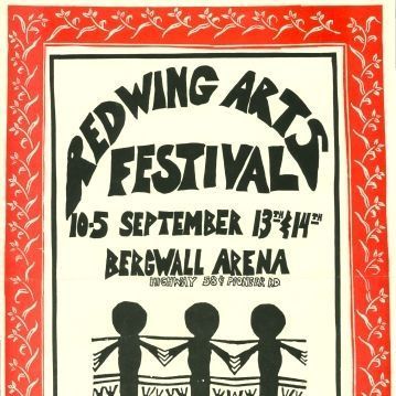 Poster for Red Wing Arts Association's Arts Festival, 1980: A poster with a red patterned border promoting the Red Wing Art Association's Arts Festival. The poster features an abstract image of three people holding hands. The hand-lettered text says: "Red Wing Arts Festival, 10-5 September 13th & 14th, Bergwall Arena, Highway 58 & Pioneer Rd. Sponsored by Redwing Arts Association."