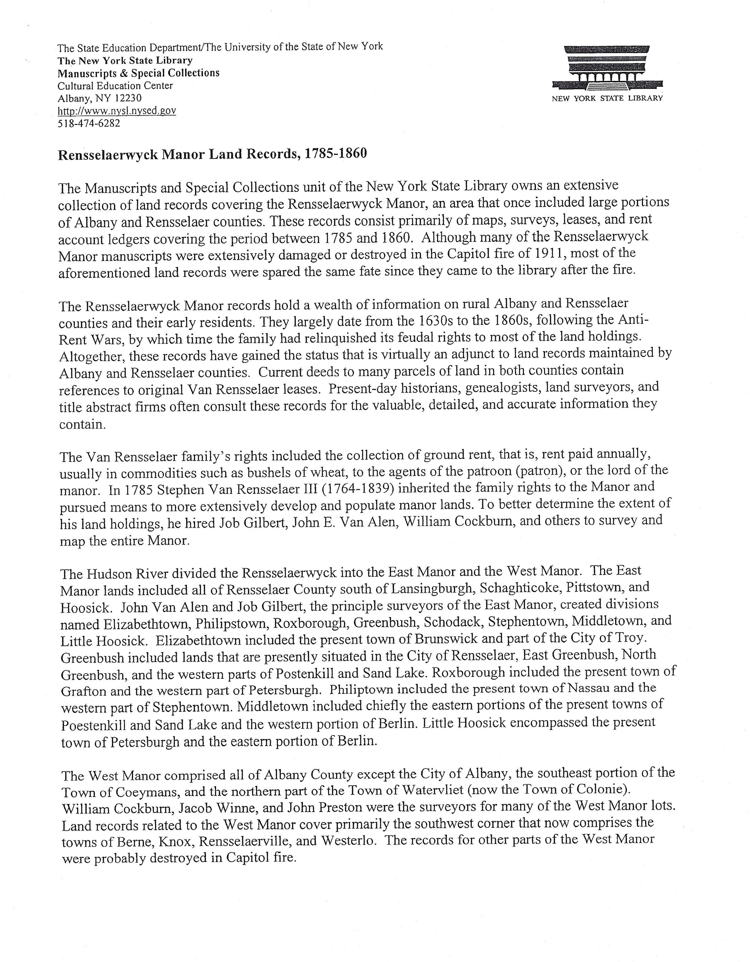 Rensselaerwyck Manor Land Records 1785-1860: Downloadable 5 page PDF