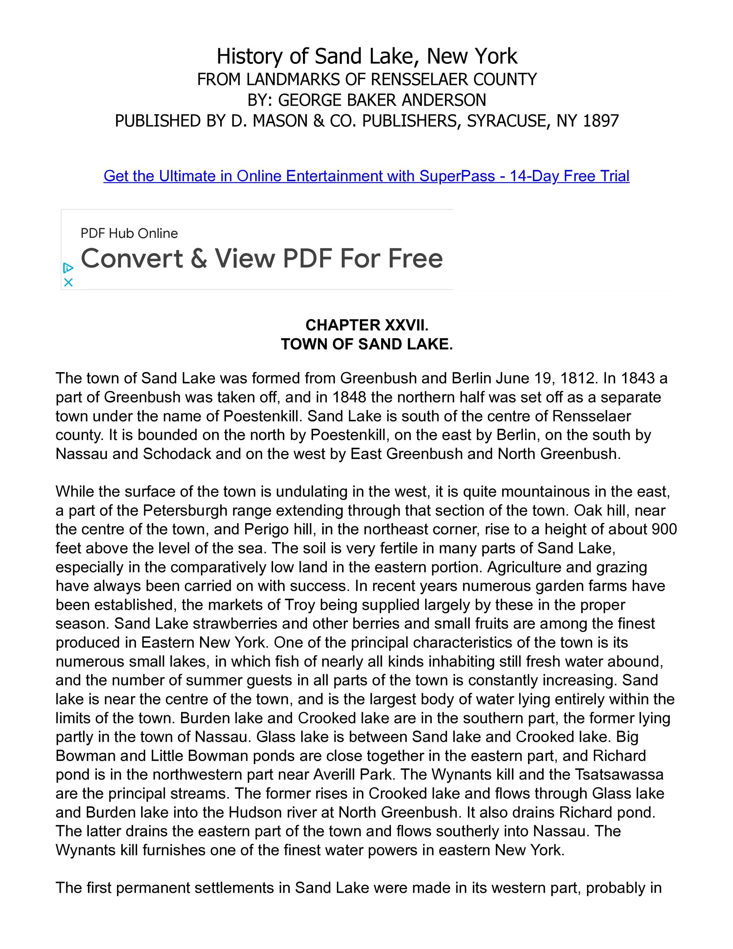 History of Sand Lake, NY, BY: GEORGE BAKER ANDERSON