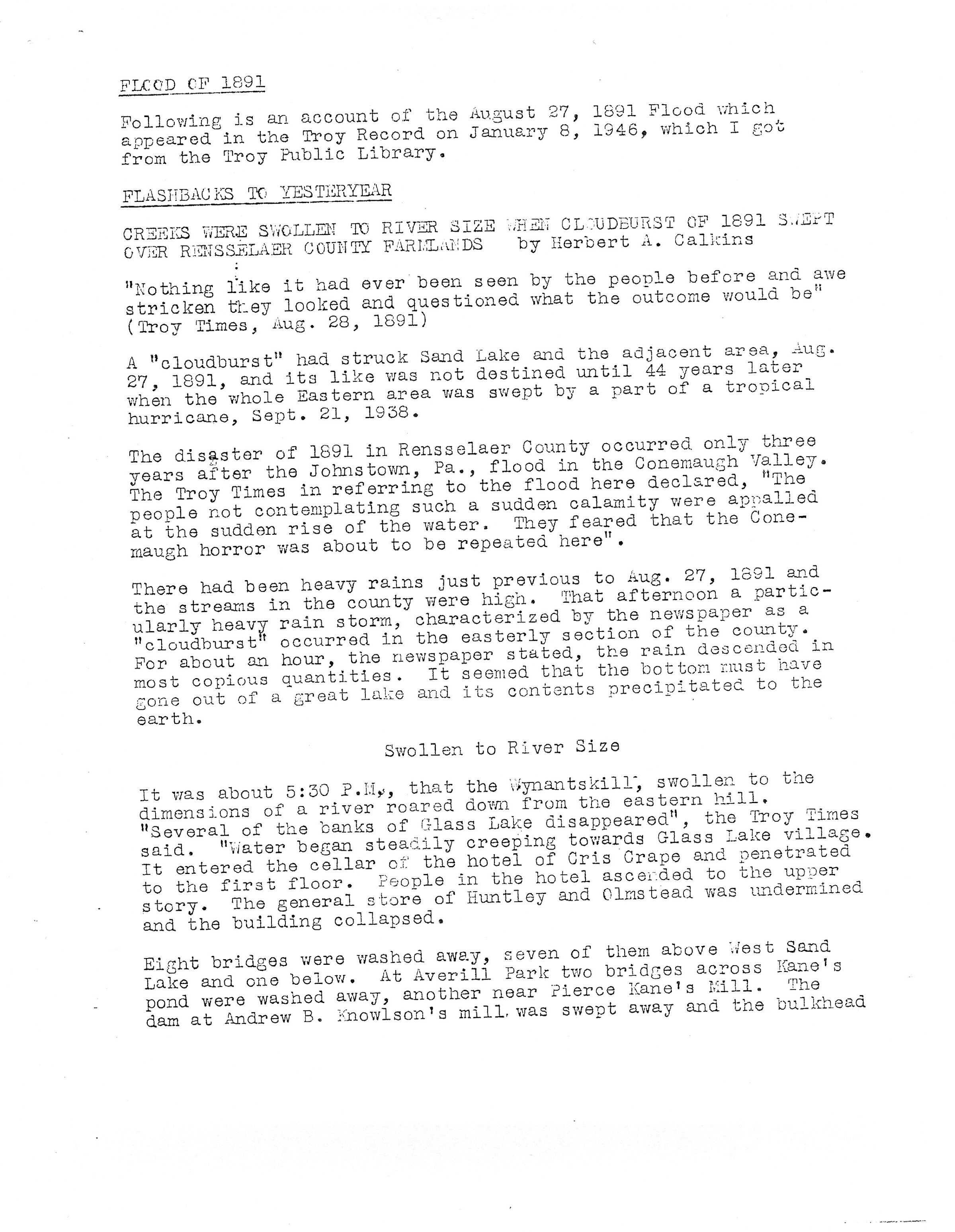 Flood of 1891 Compilation of Recollections: Downloadable PDF document - 2 pages.