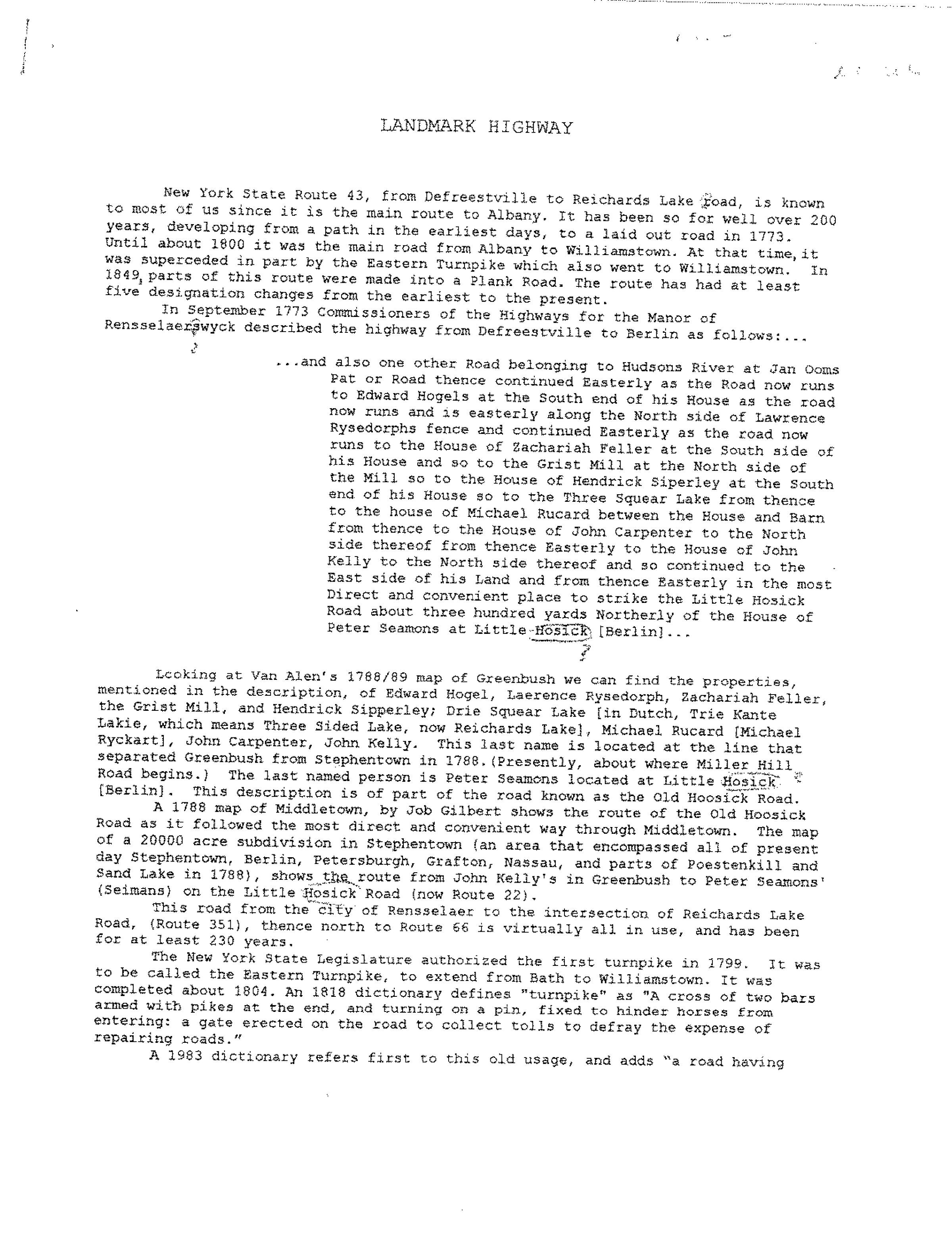 Landmark Highway: Three-page downloadable PDF regarding the history of Sand Lake area highways.
