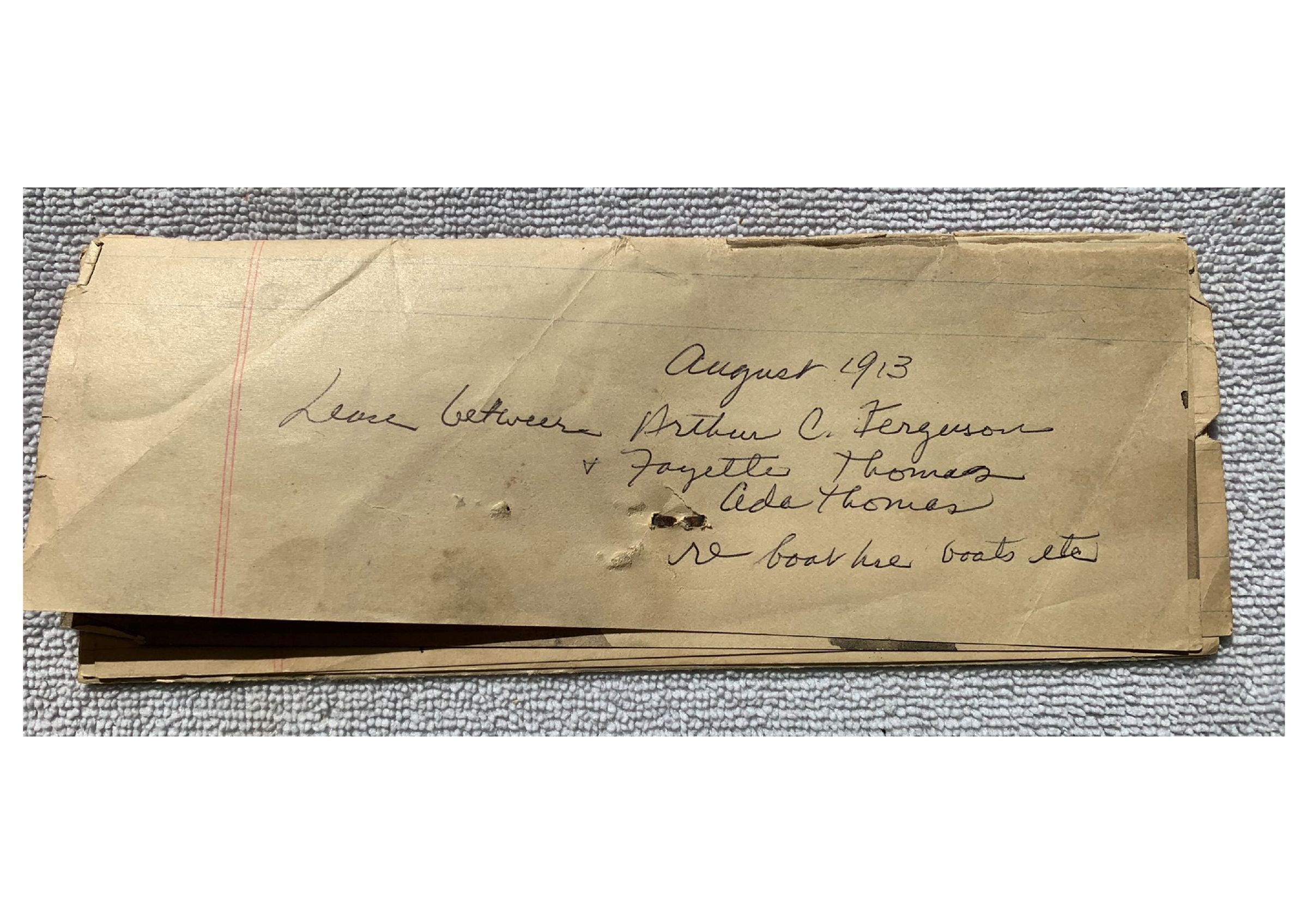 1913 Thomas and Furguson Icehouse Lease: Three-page downloadable PDF while fully logged into the system. The lease grants use of a Fayette Thomas-owned beach, icehouse, and boats to Arthur C. Furguson for $50 per year provided he refrains from selling intoxicating beverages. The agreement was discovered tucked within the, "1898-1945 Thomas Furguson & Higgins Farm Ledger & Leases," entry in this folder.