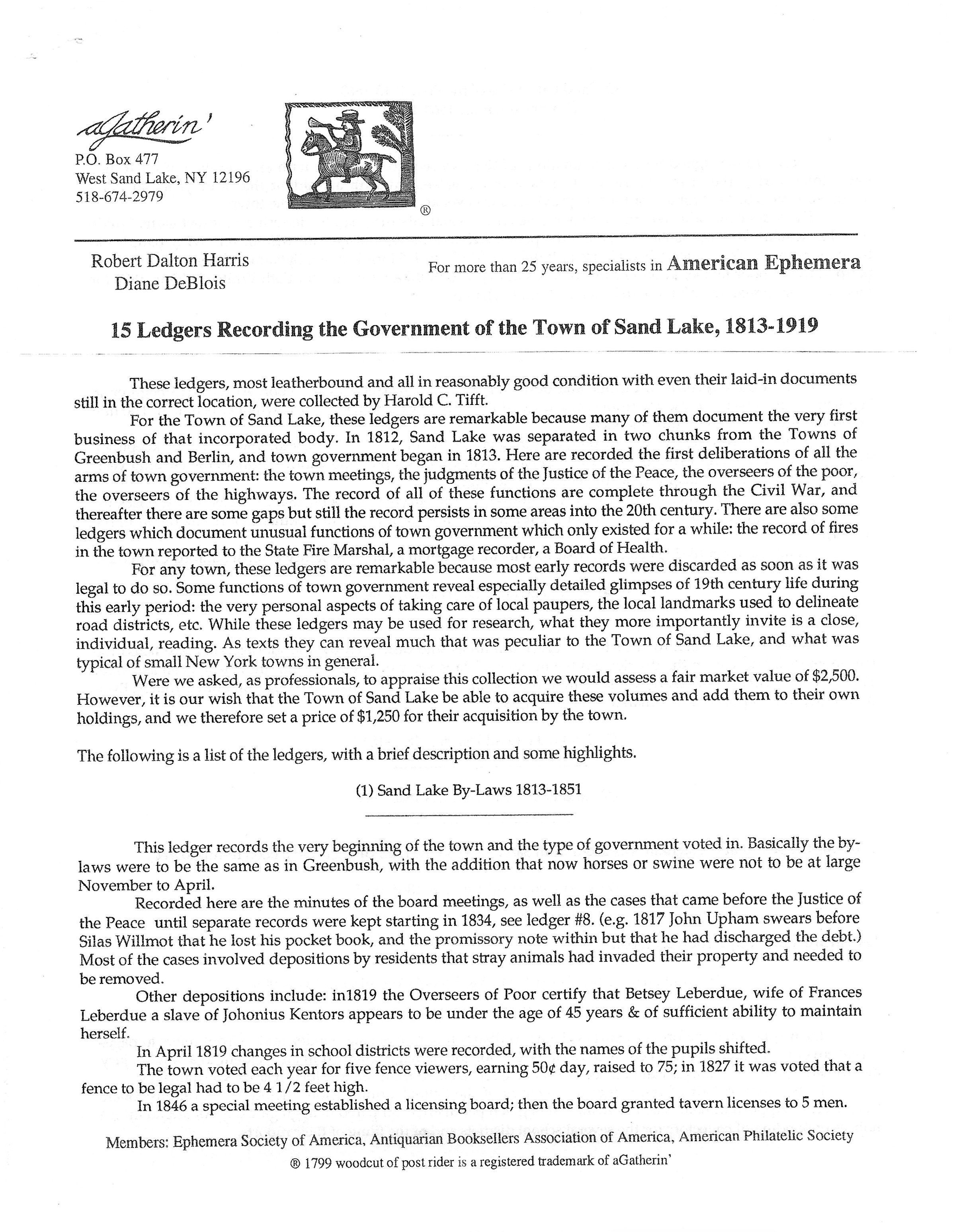 Summary of 15 Town of Sand Lake Ledgers 1813-1919: Downloadable 4 page PDF document.