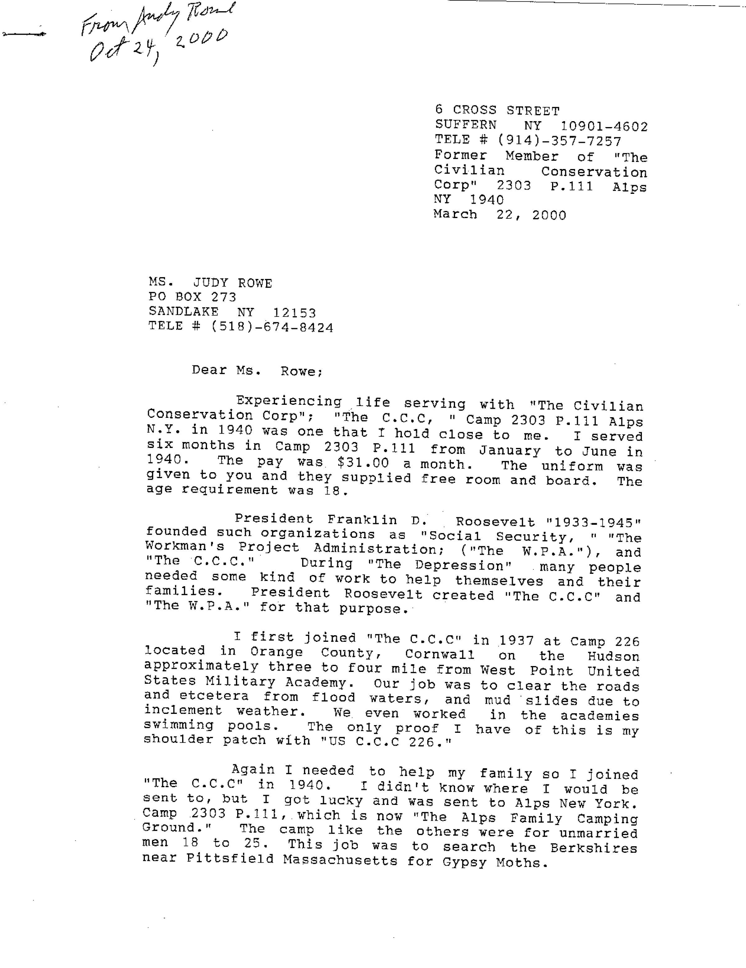 Civilian Conservation Corps Letter: Two-page downloadable PDF.