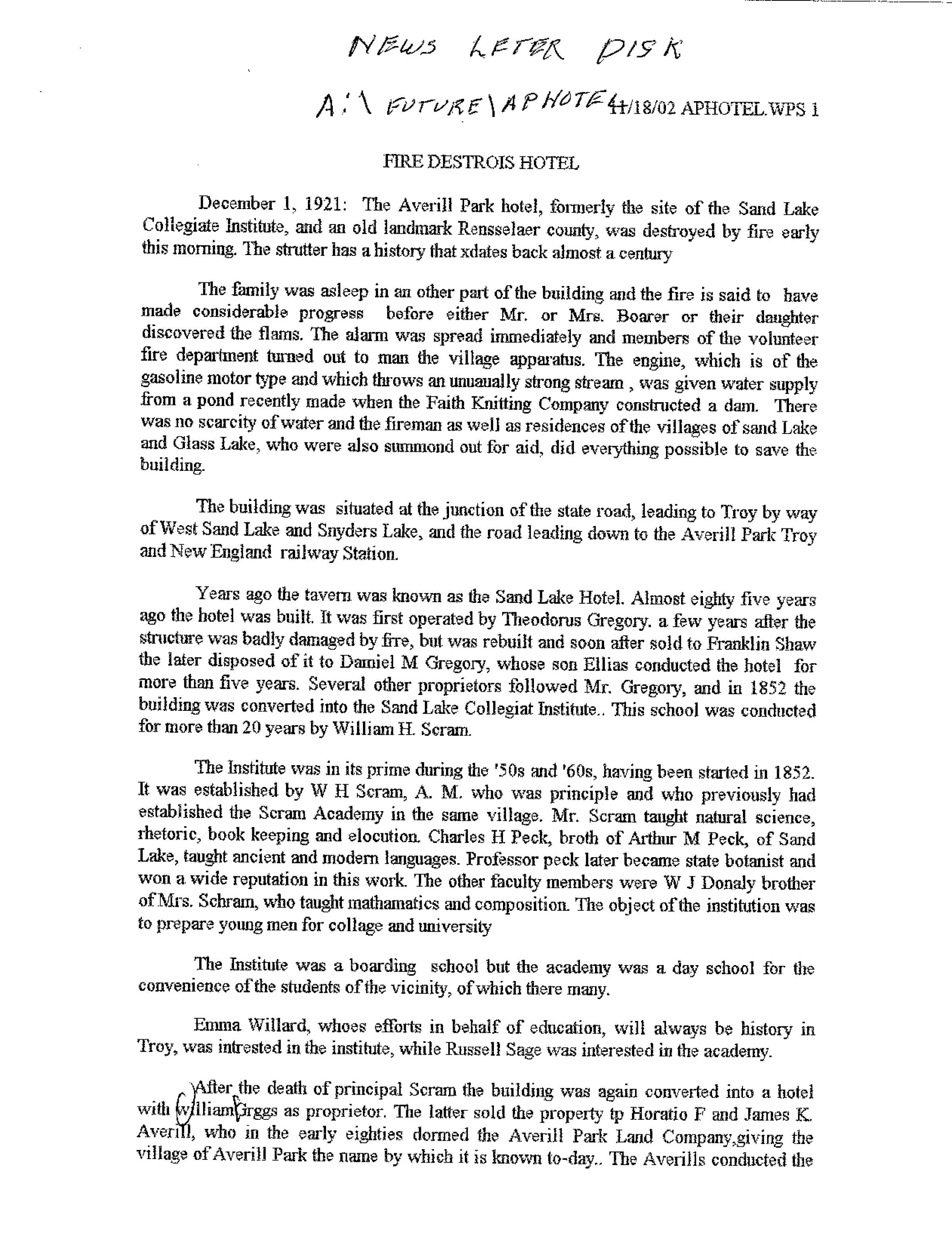 Averill Park Hotel Fire: Two-page downloadable PDF.