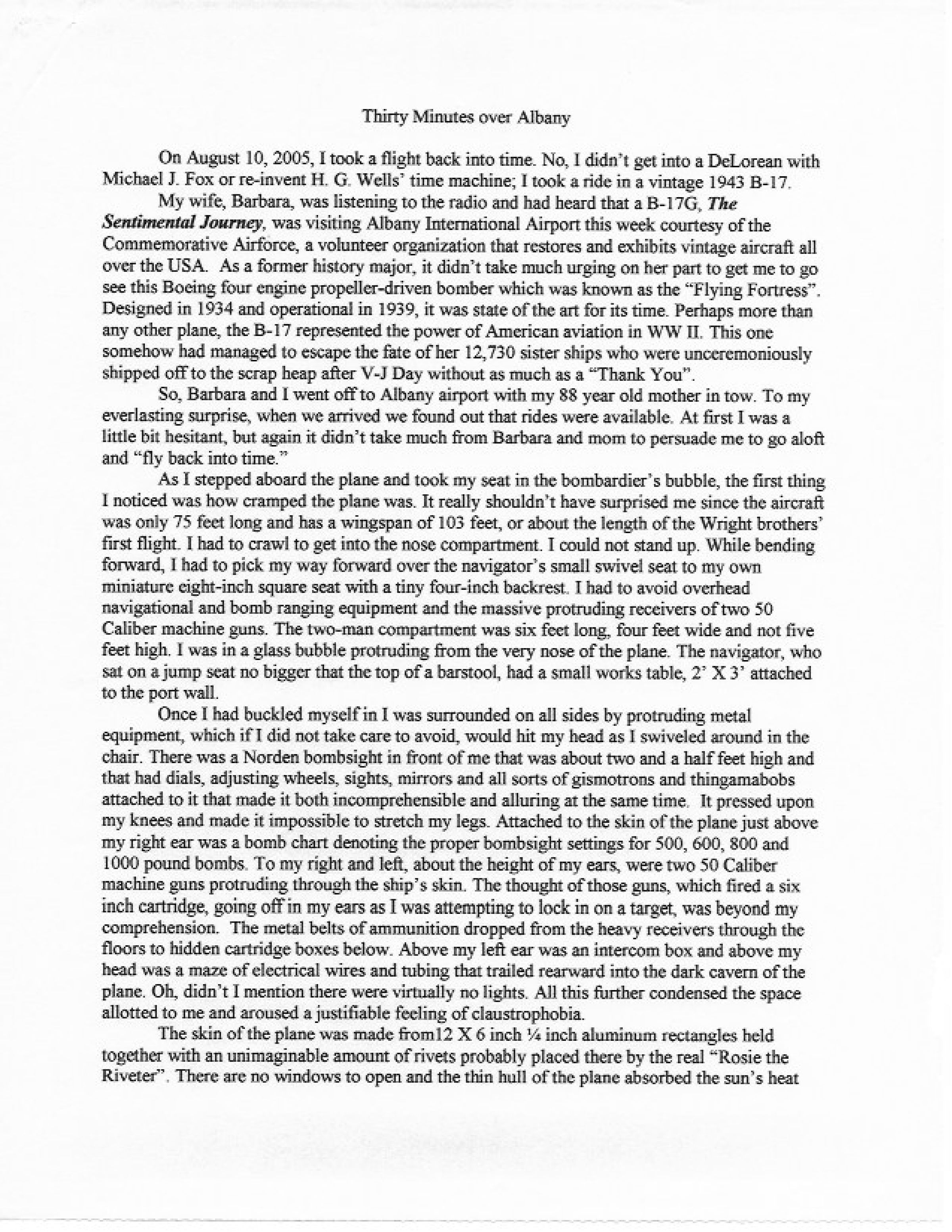 Thirty Minutes Over Albany - B-17G Bomber Flight: By Ronald Berti