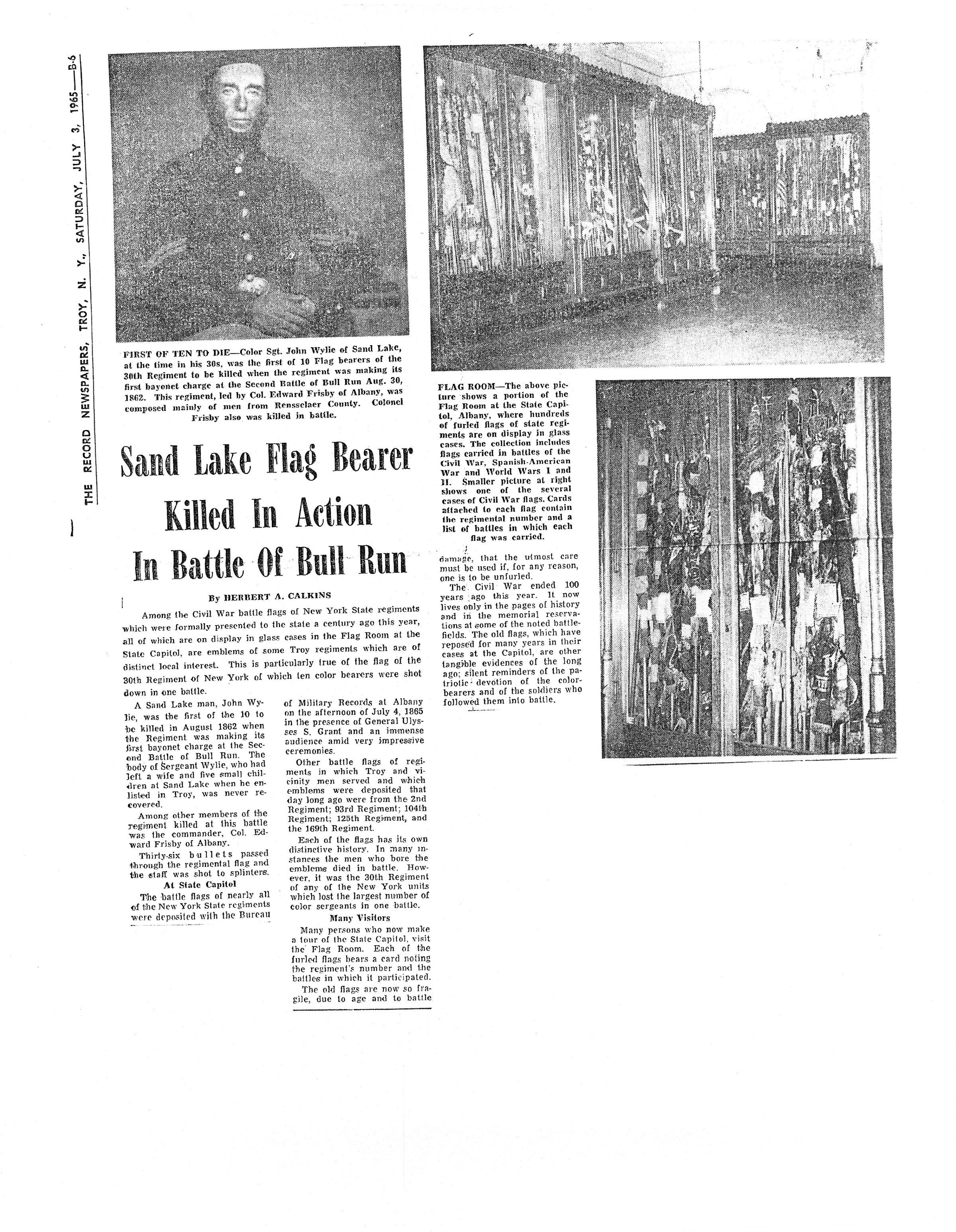 John Wylie Civil War KIA Flag Bearer: Saturday July 5, 1965, Troy Record newspaper article