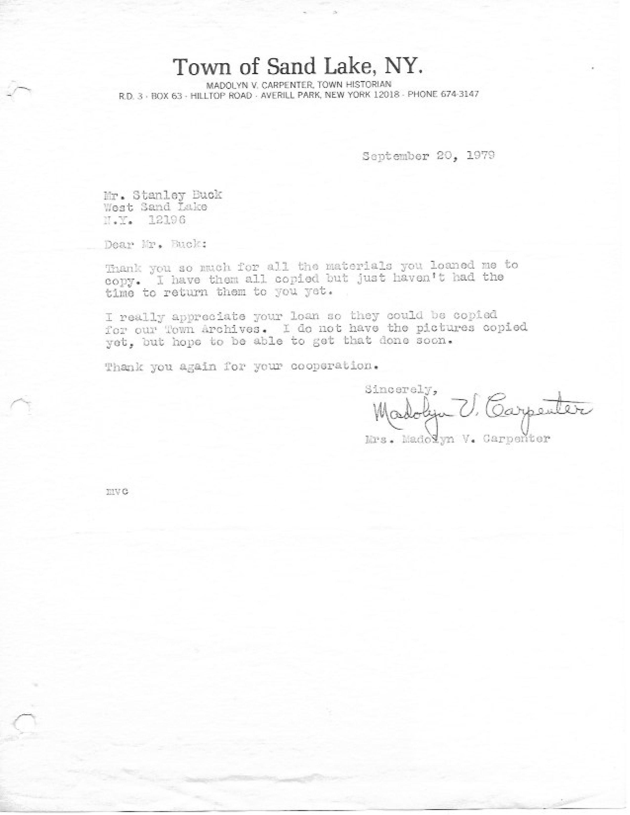 Thank you letter from Madolyn Carpenter to Stanley Buck: Thank you letter presumably of donations of TOSL related research compiled by someone named K S Buck.  Unfortunately, no further evidence of the  photo referenced by the letter doesn't appears in the files.