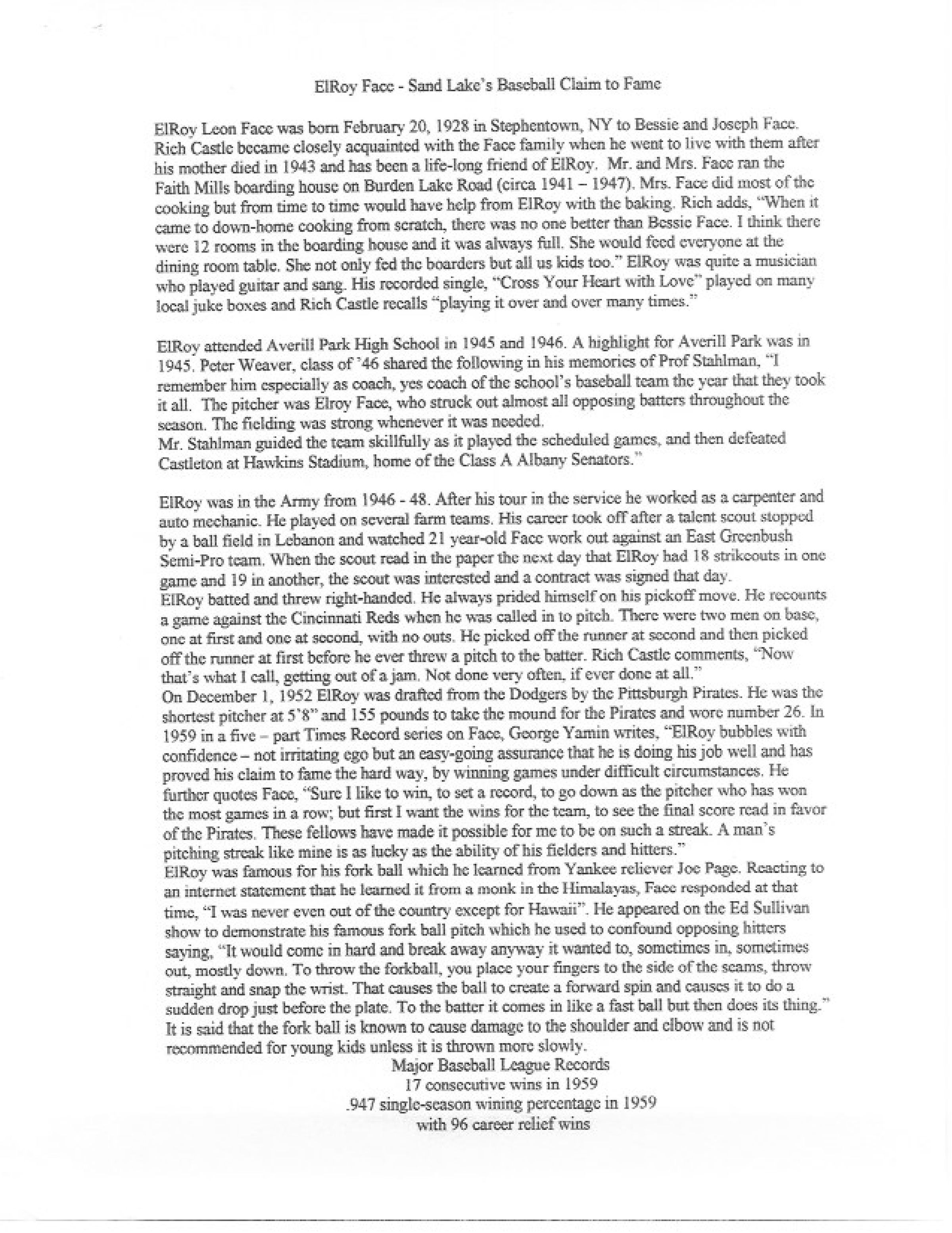 ElRoy Face - Sand Lake's Baseball Claim to Fame: By Rich Castle