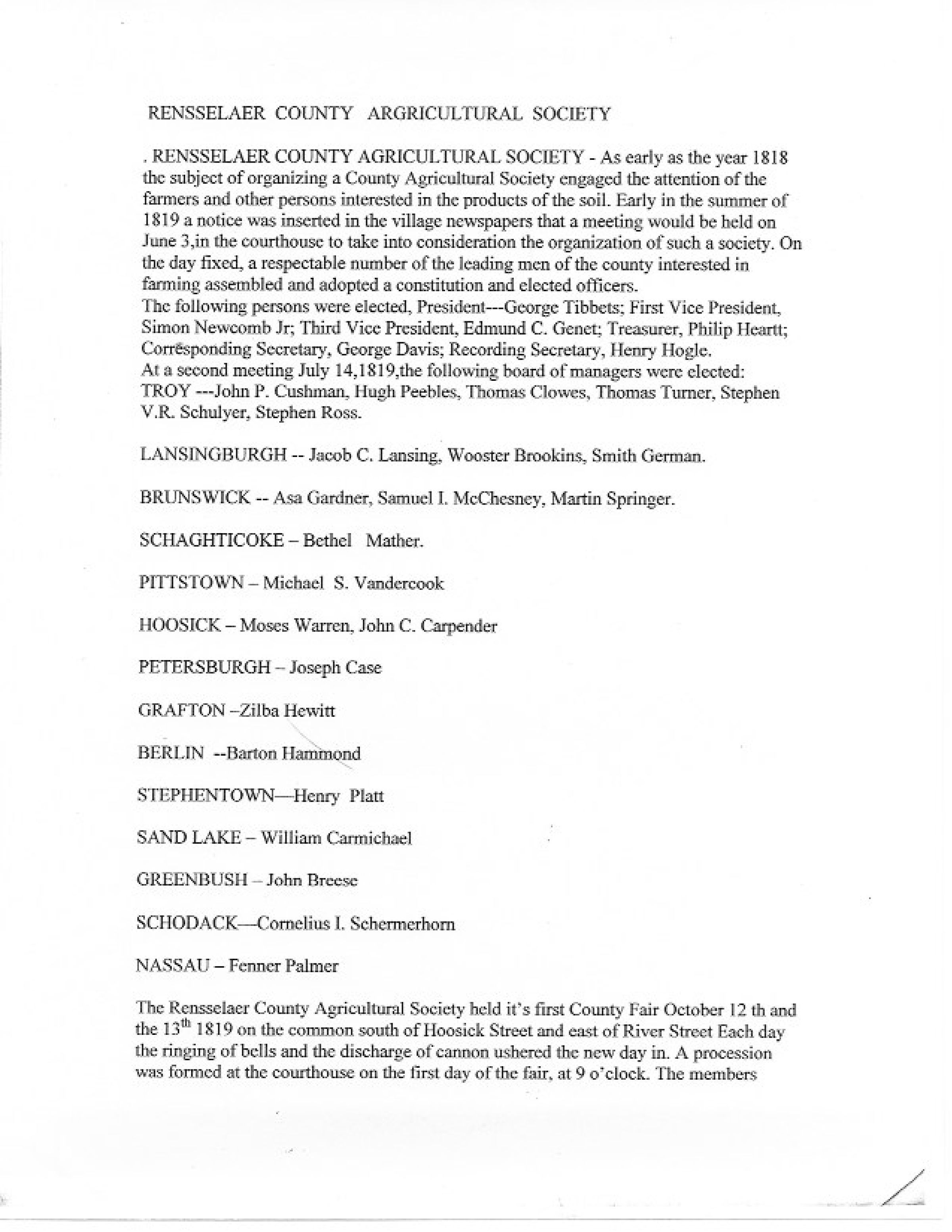 Rensselaer County Agricultural Society Research Notes