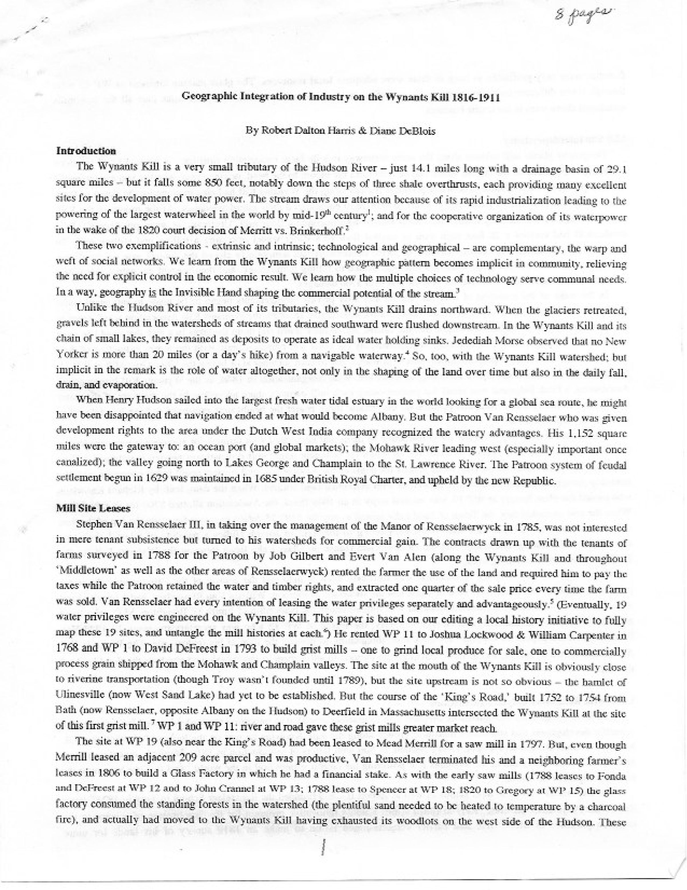 Geographic Integration of Industry on the Wynants Kill 1816-1911 - Version 1