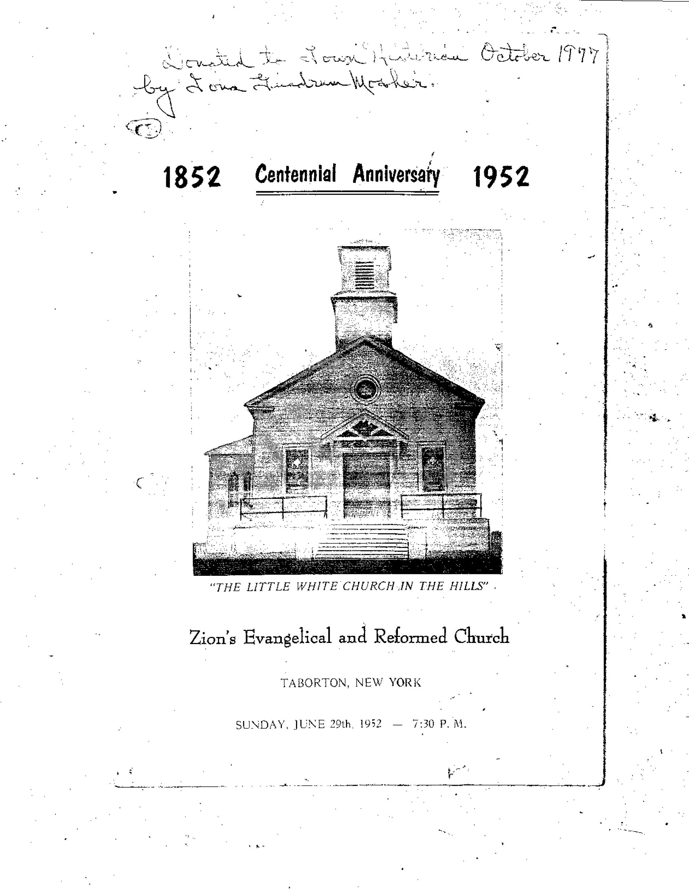 Zion's Evangelical and Reformed Church Centennial 1852 to 1952: Twelve-page downloadable PDF.
