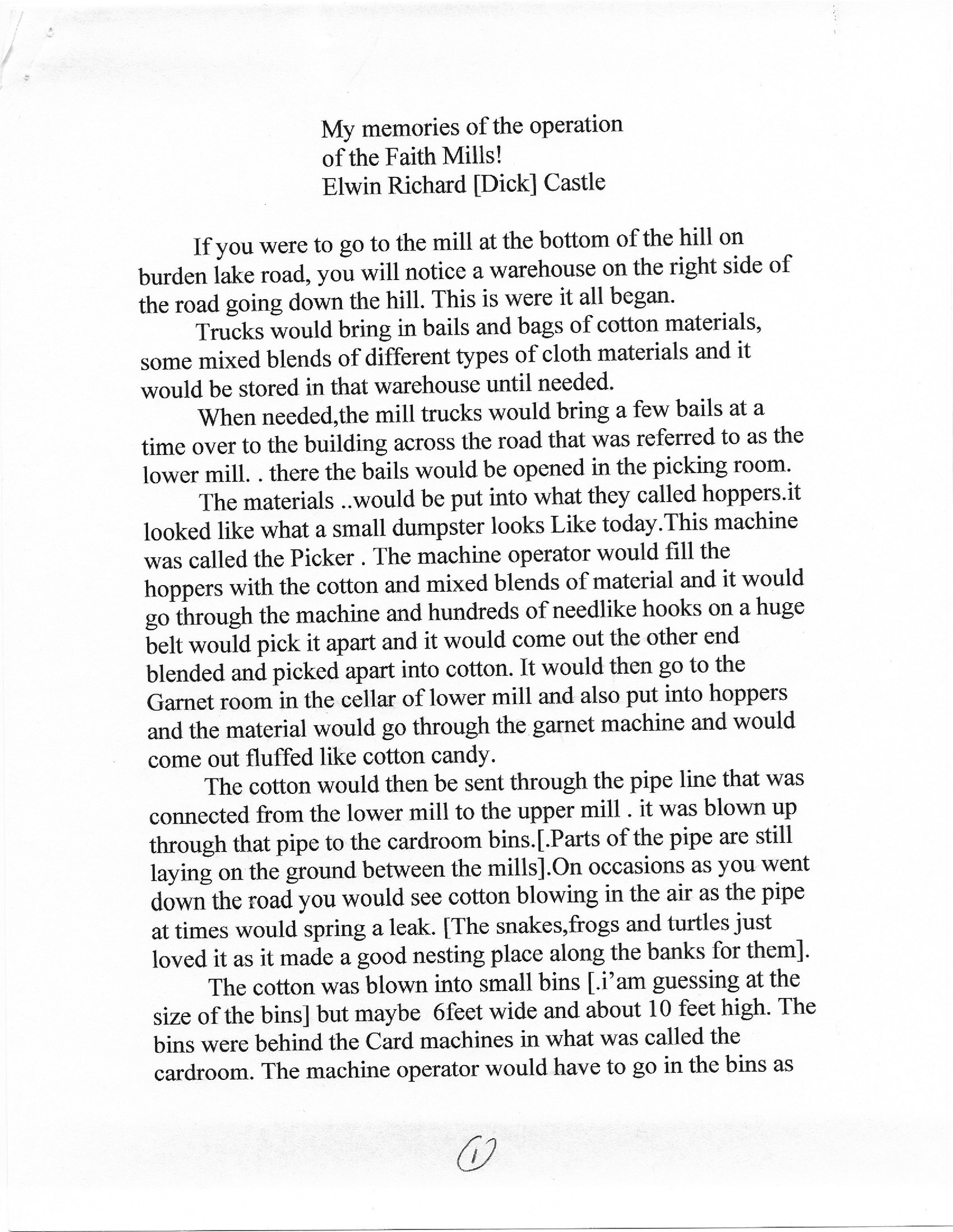 My memories of the Operation of Faith Mills, By Elwin Richard (Dick) Castle