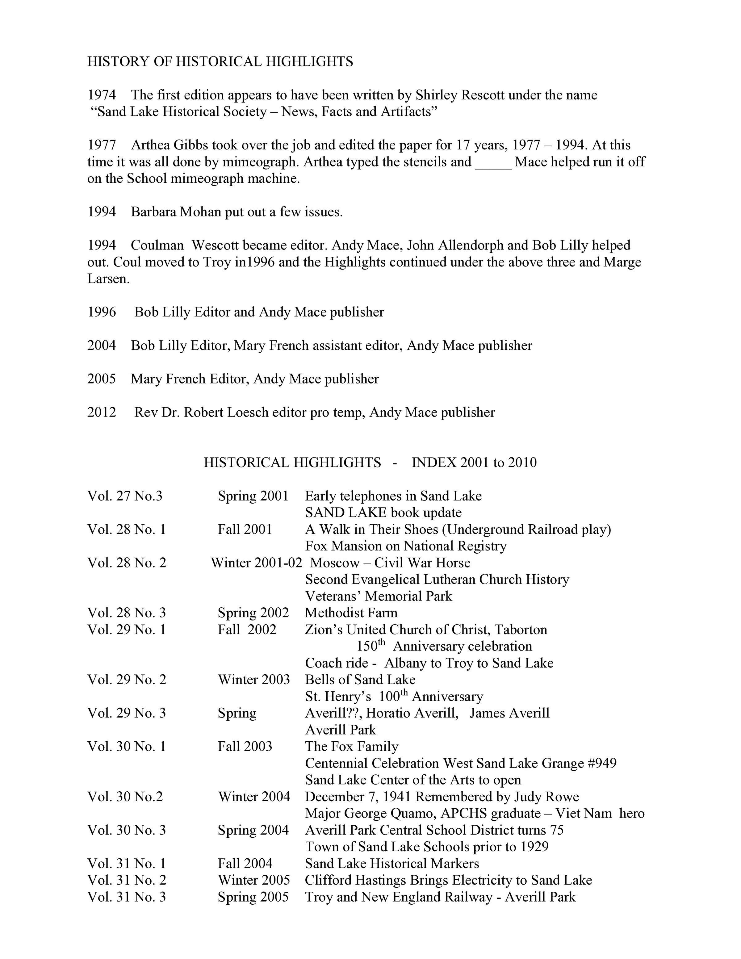 SLHS Historical Highlights History and Index 2001 through 2010