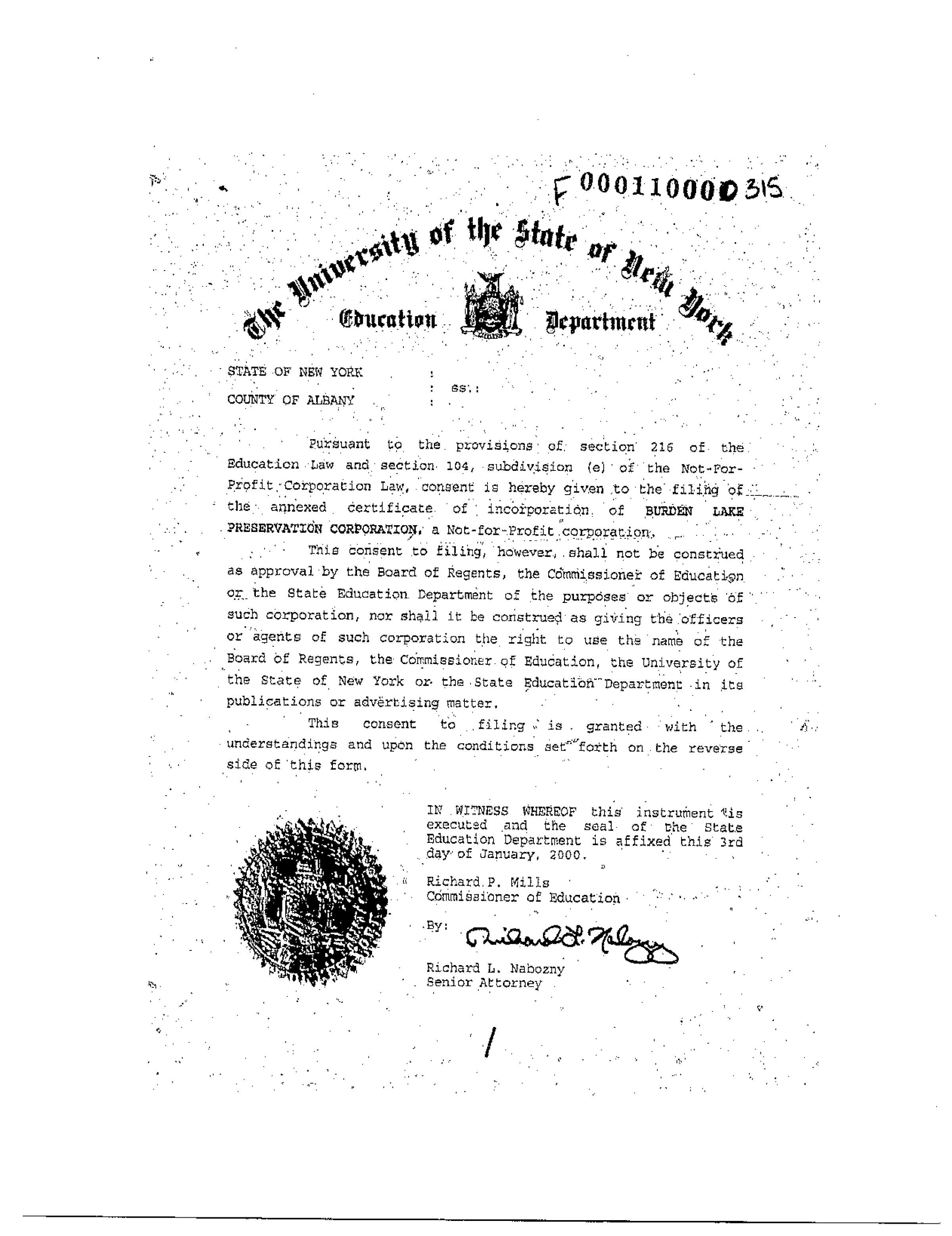 Burden Lake Preservation Corporation - Articles of Incorporation and Bylaws: Fourteen-page downloadable PDF.