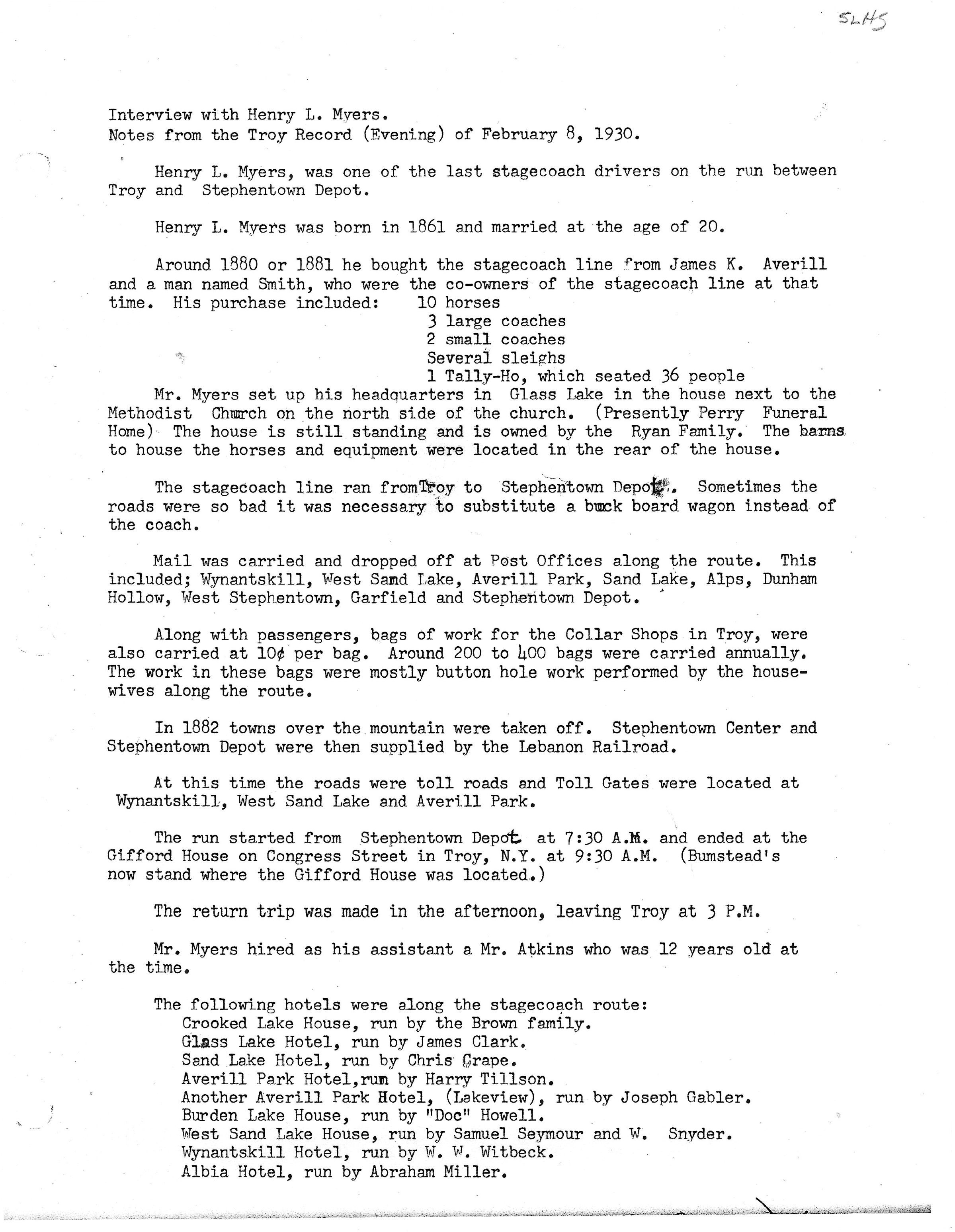 Stagecoach Driver Henry L. Myers Interview: Downloadable one page PDF document