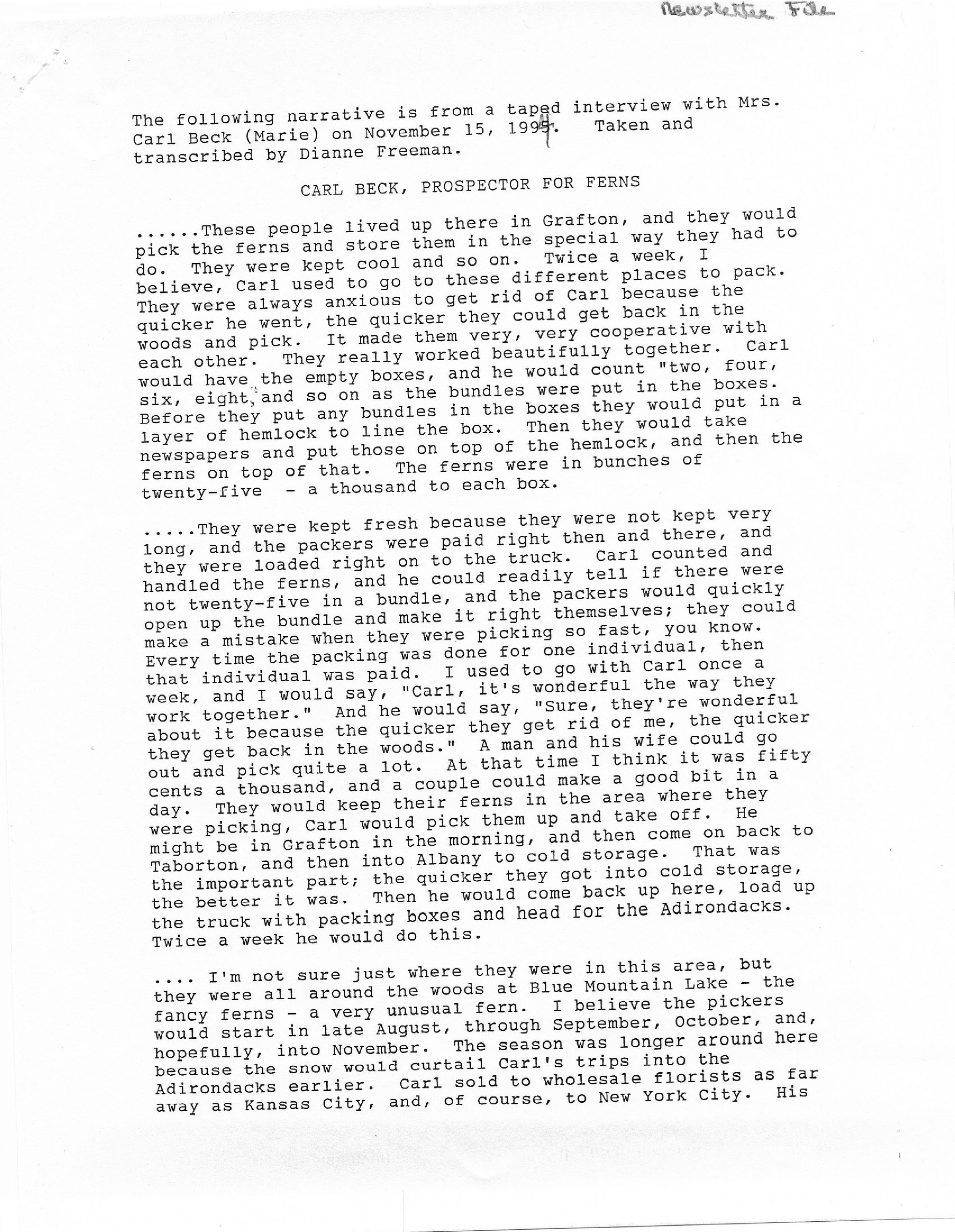 Fern Harvesting in Taborton - Carl Beck Oral History: PDF transcript of a November of 1994 taped interview of Marie Beck, wife of Carl Beck, by Diane Freeman regarding the Beck family's fern harvesting activities on Taborton Mountain.