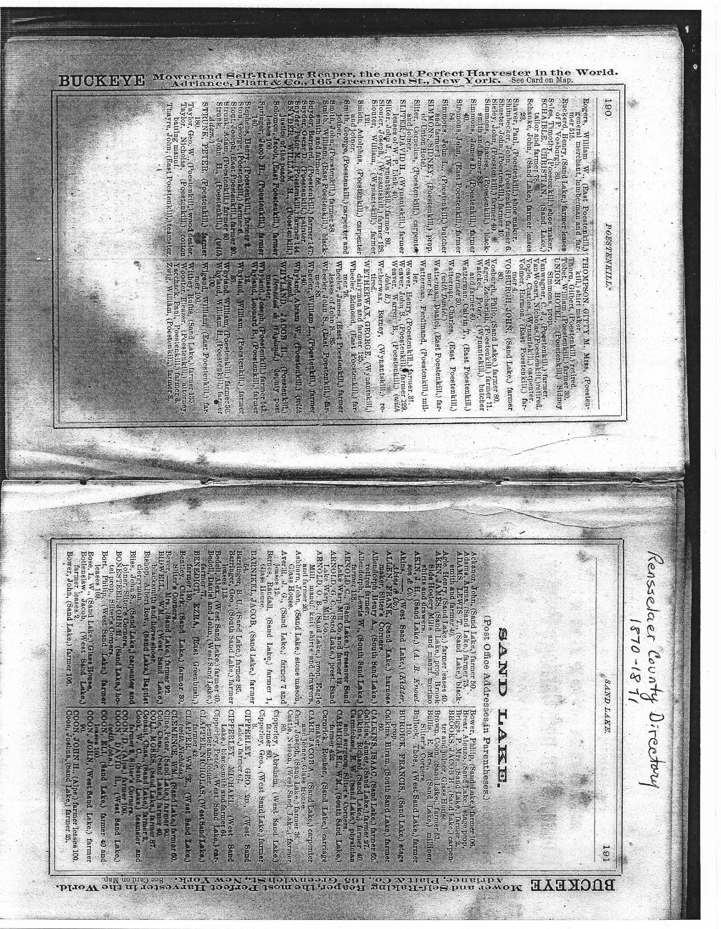 1870-71 Rensselaer County Registry - Sand Lake Pages
