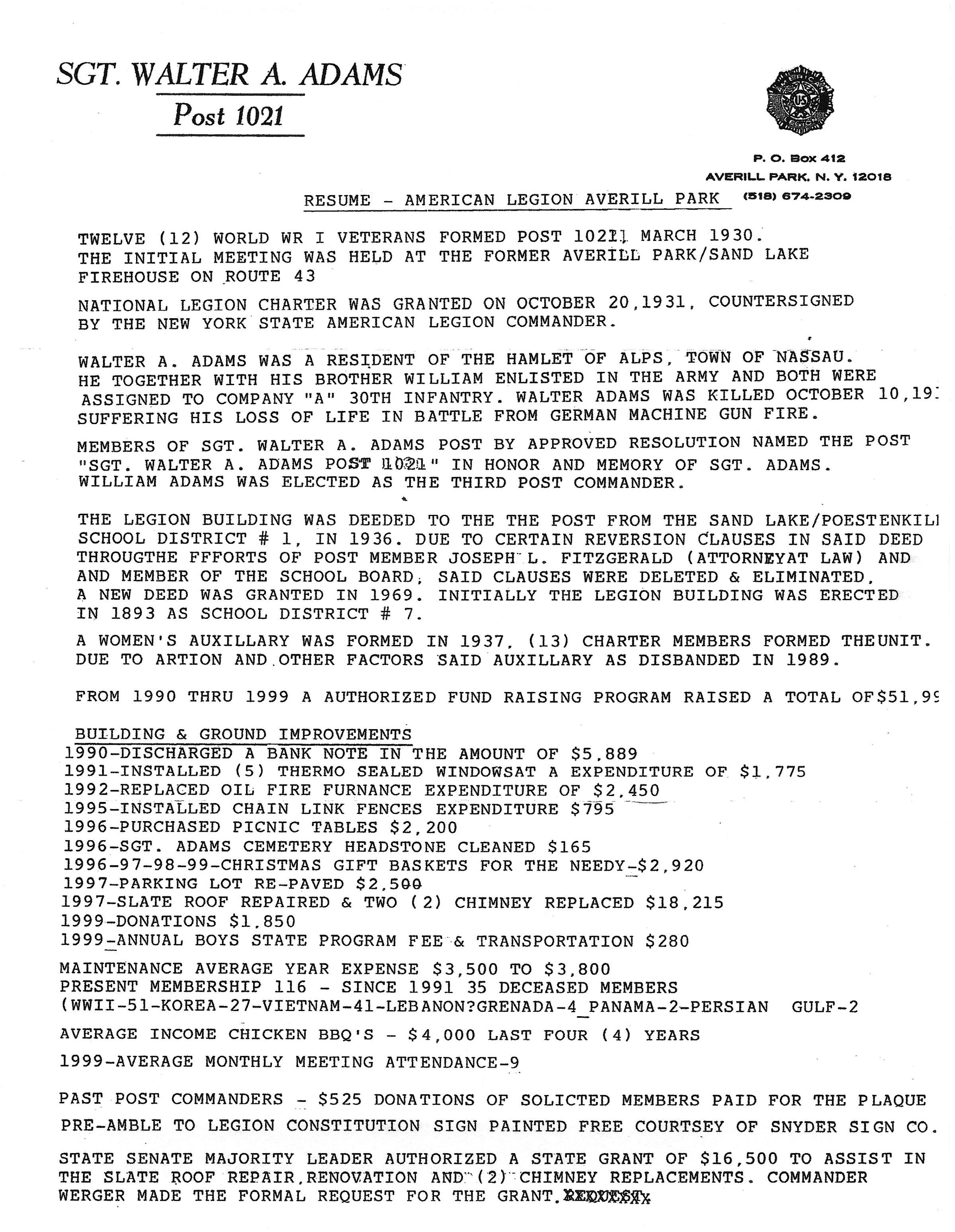 Resume American Legion Post 1021: One page downloadable PDF document