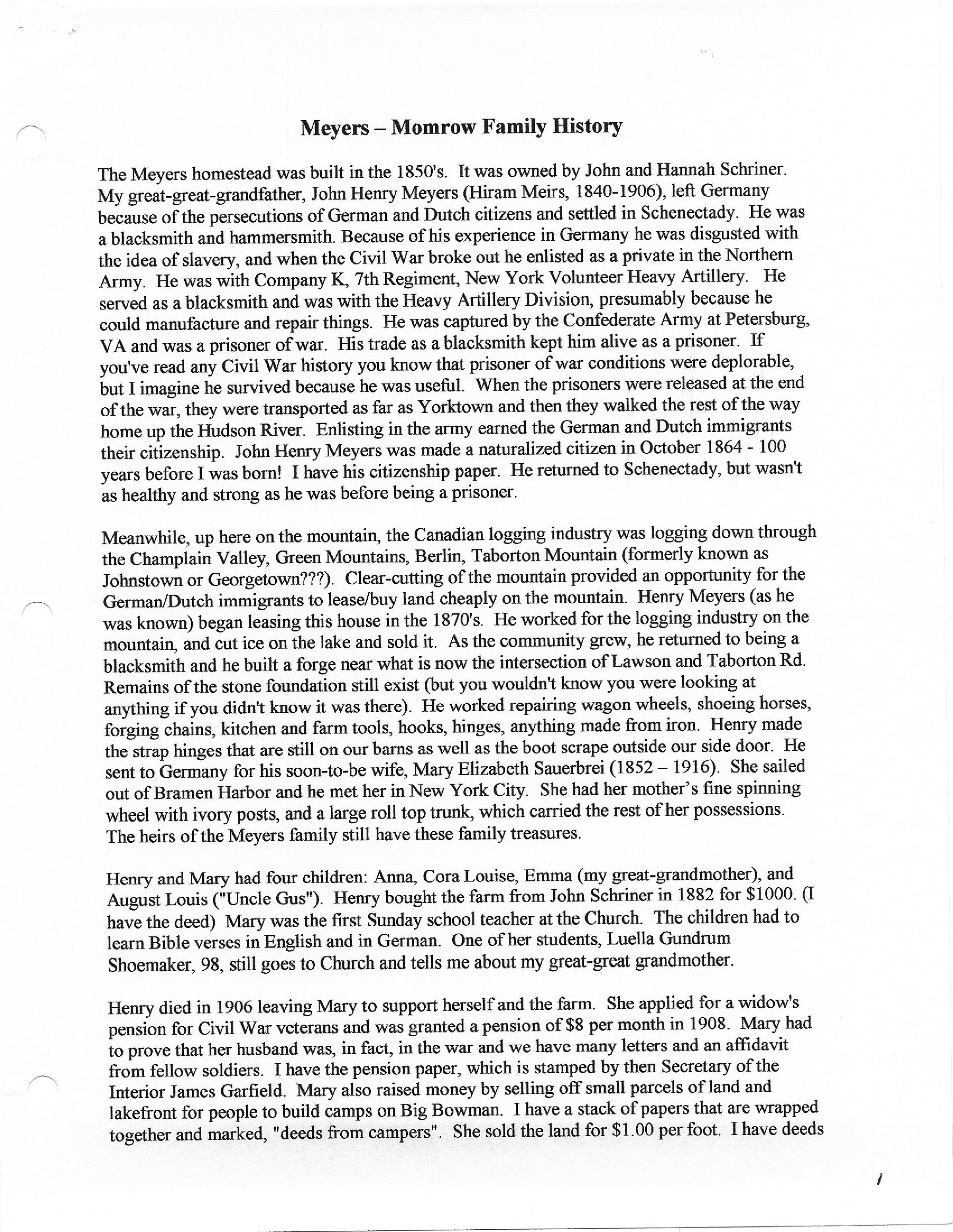 Meyers - Momrow Family History