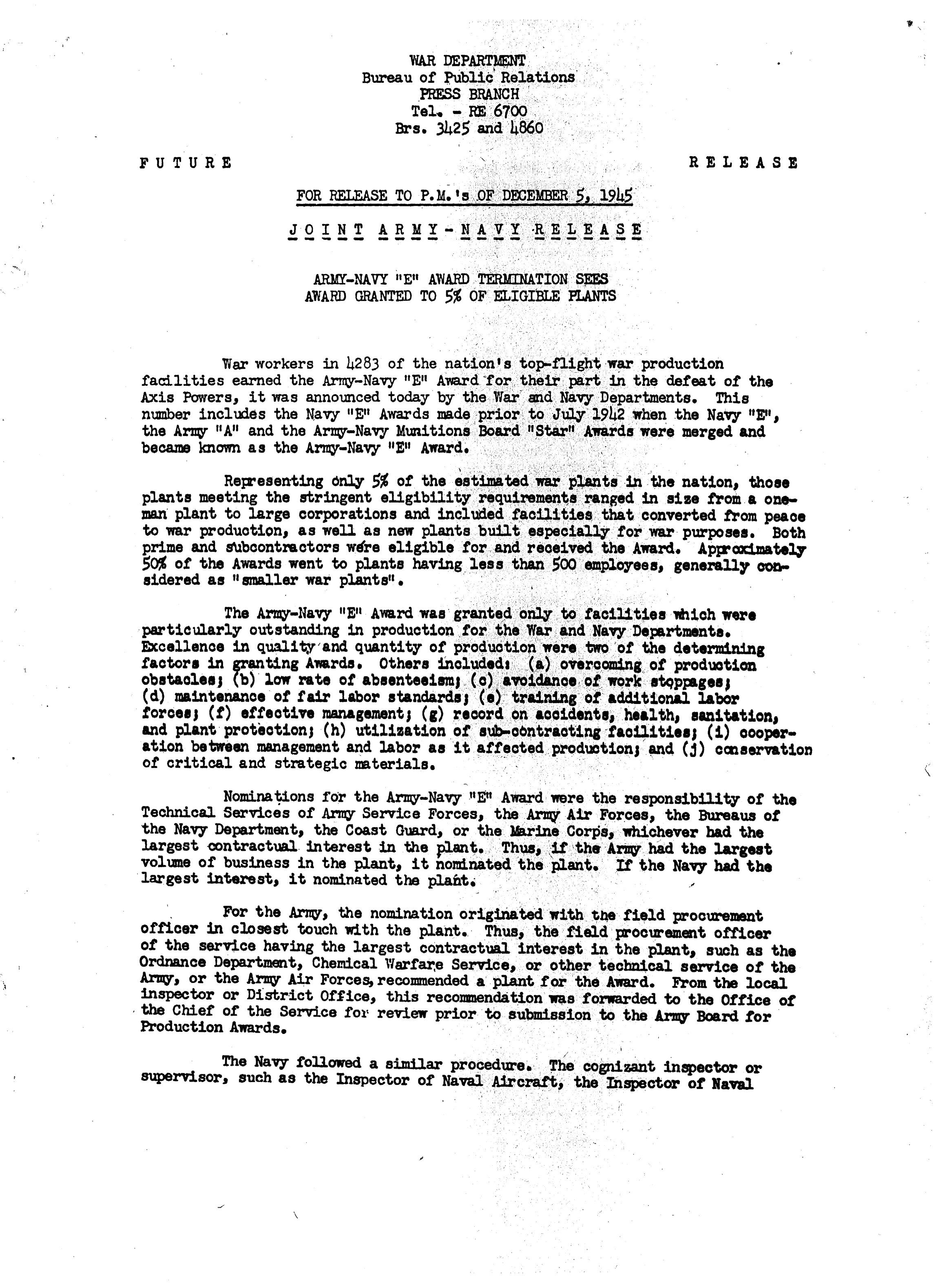 Army-Navy E Award War Department Press Release