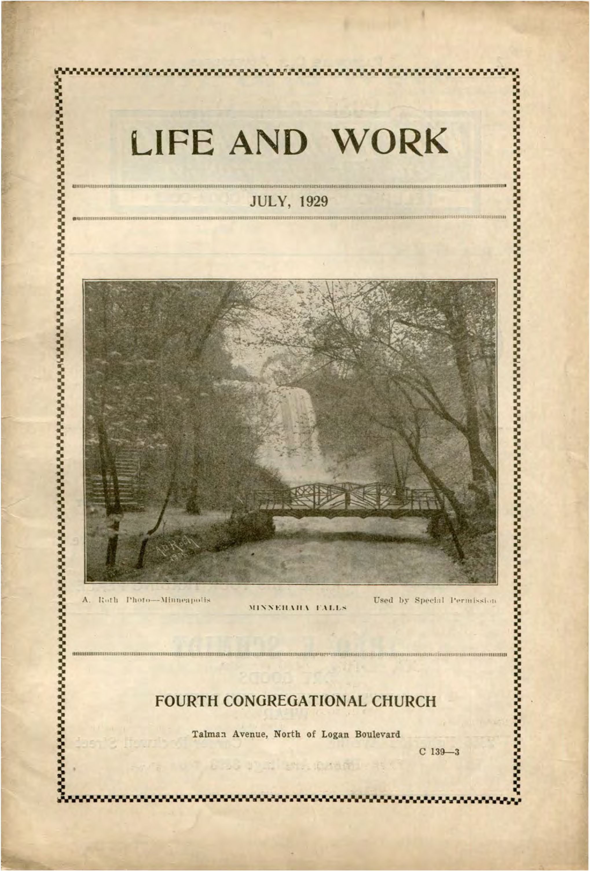 Fourth Congregational Church Life and Work - July 1929: Cover of booklet