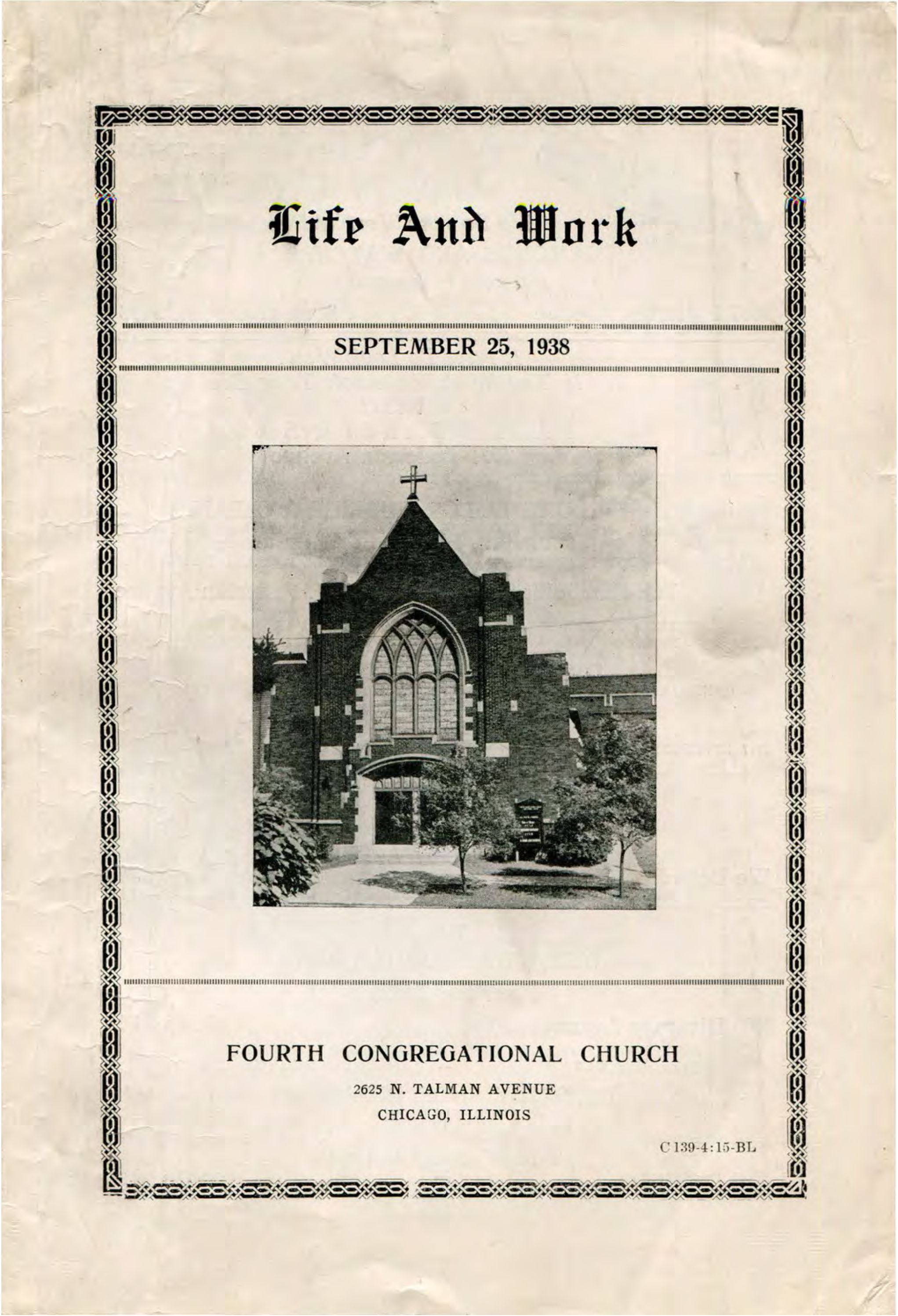 Fourth Congregational Church Life and Work - September 25, 1938 newsletter: Cover of newsletter