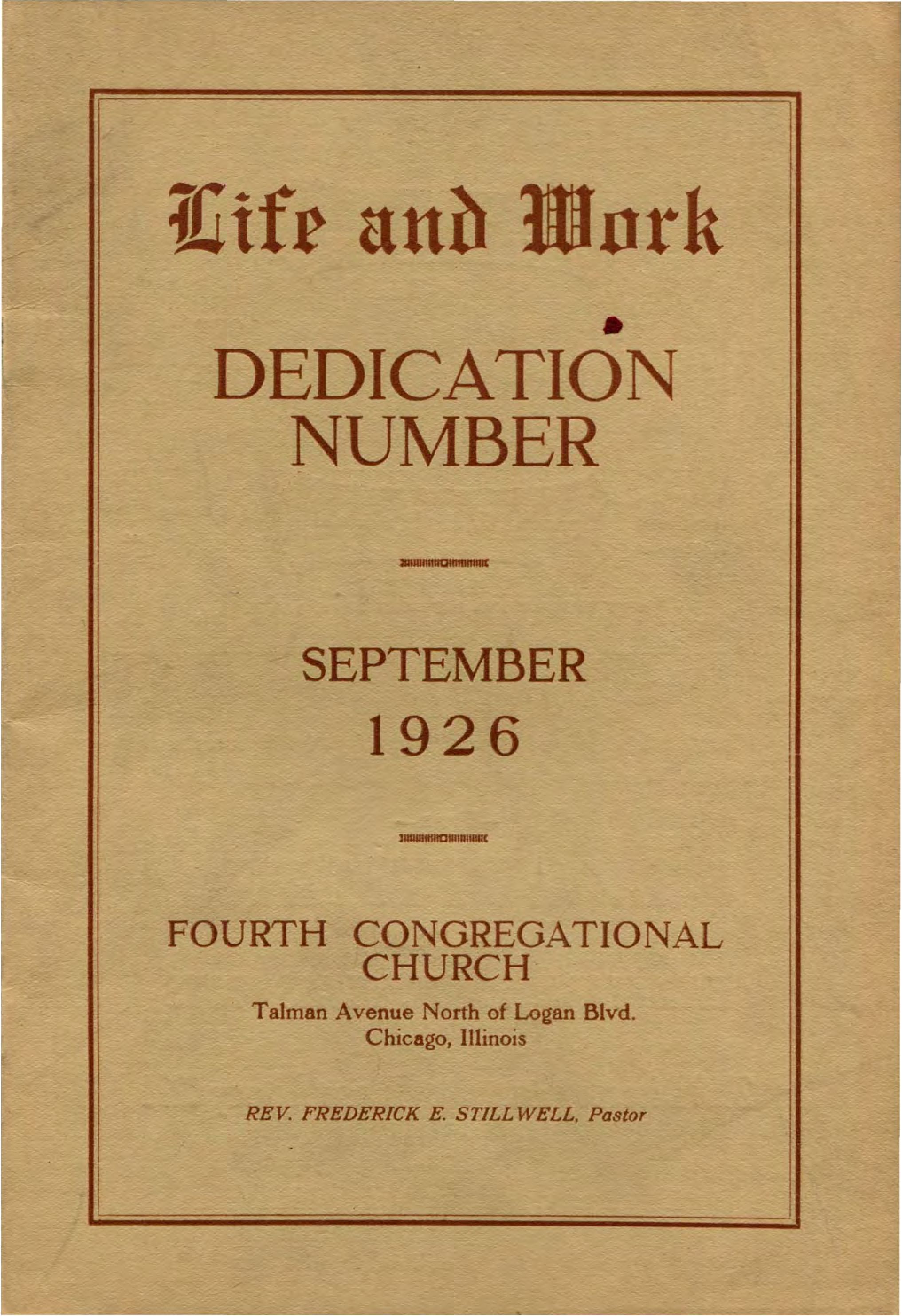 Fourth Congregational Church Life and Work: Dedication Number - September 1926 newsletter: Cover of booklet