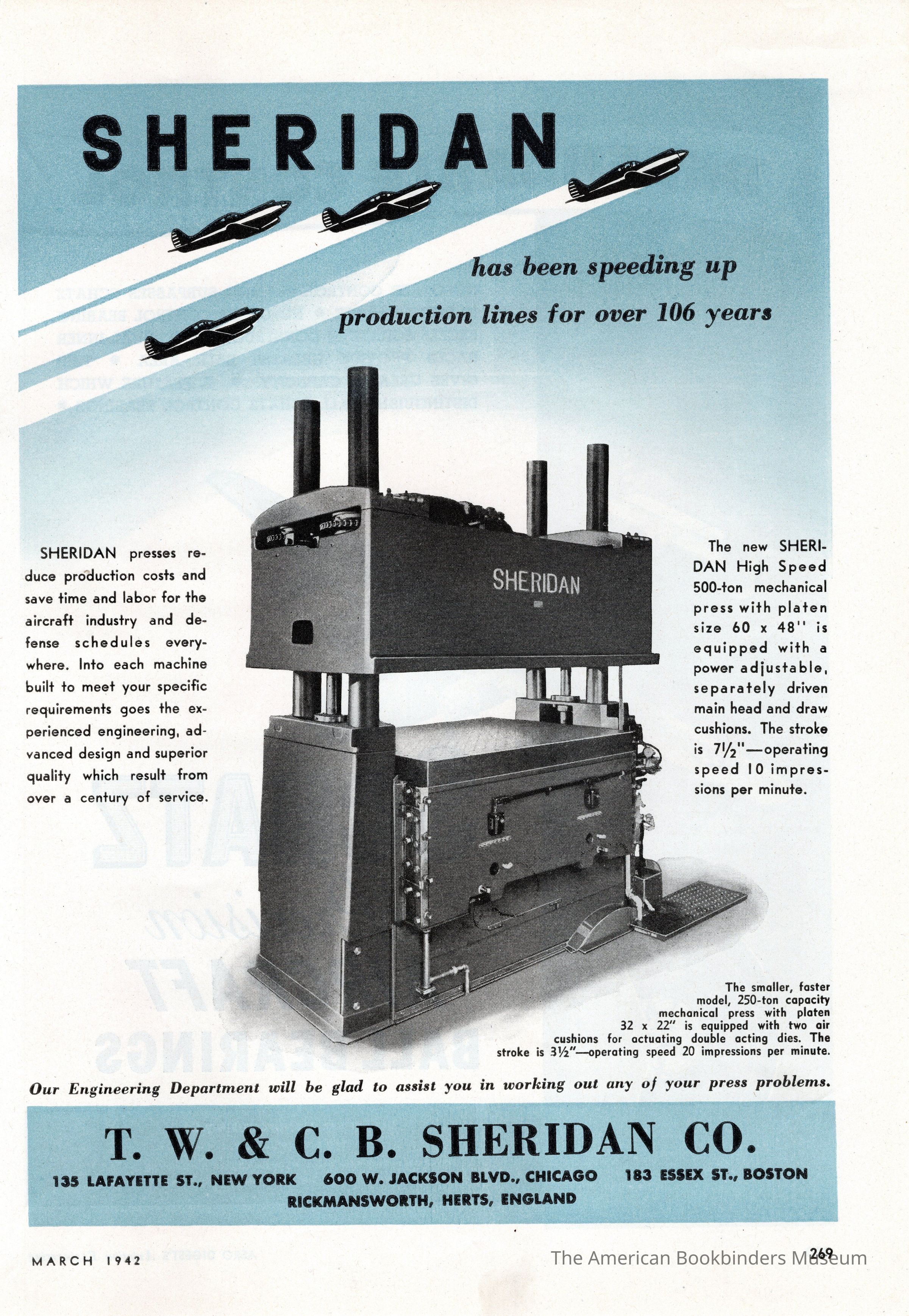          1942 TW & CB Sheridan Advertisement 500 Ton Press Aero Digest's Aviation Engineering Magazine picture number 1
 
