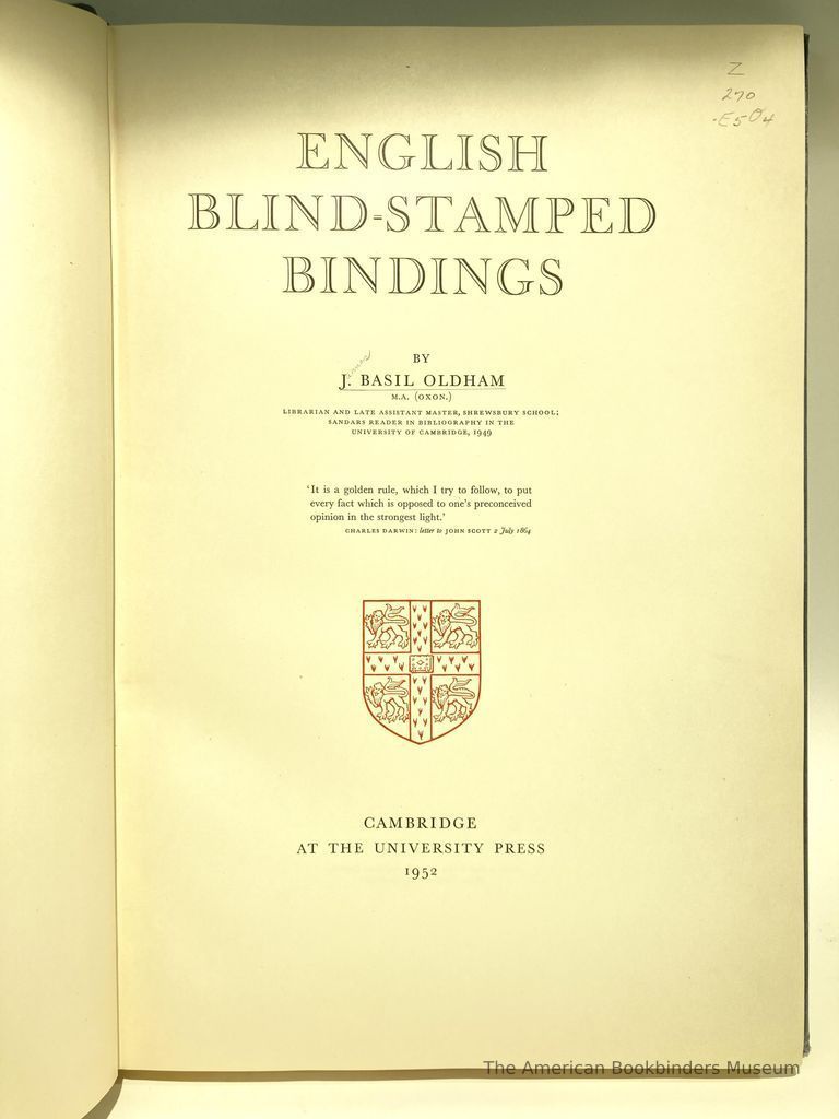          English Blind-Stamped Bindings / by J. Basil Oldham. picture number 1
   