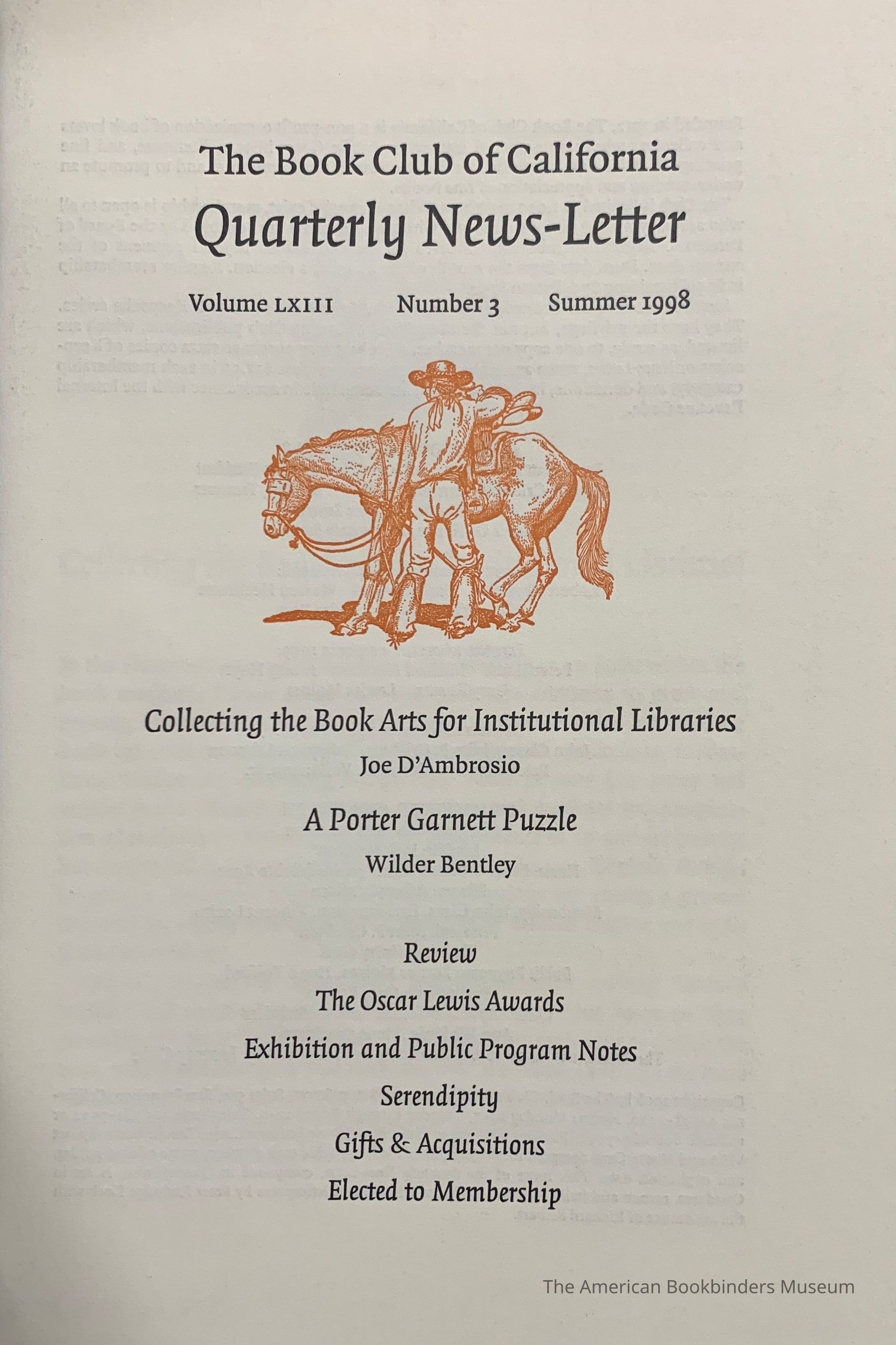          Quarterly news-letter - Book Club of California. Vol. LXIII, no.3 ; Summer 1998. picture number 1
   