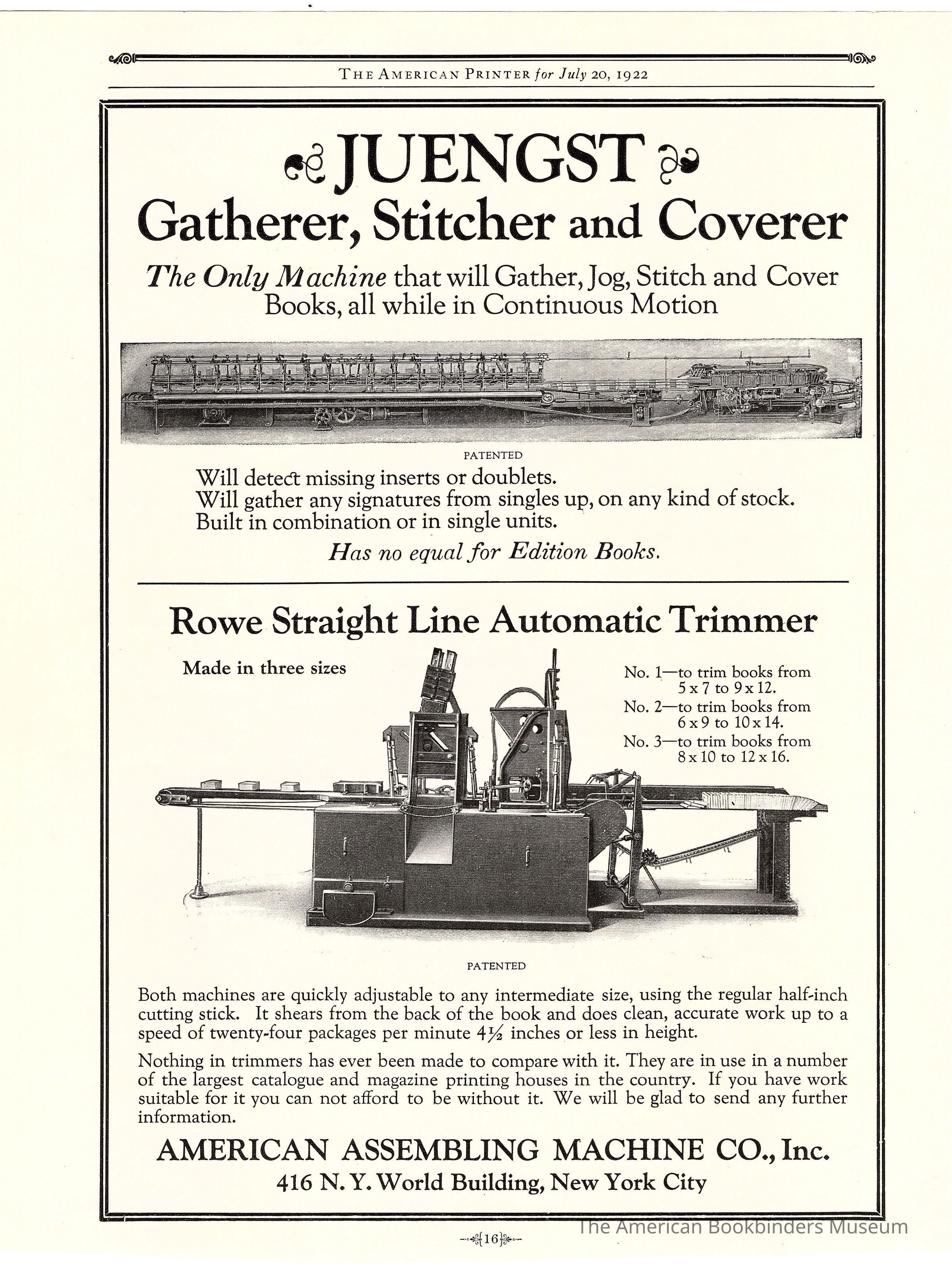          1922 American Assembling Juengst Covering Machine Combination and Rowe Trimmer picture number 1
 