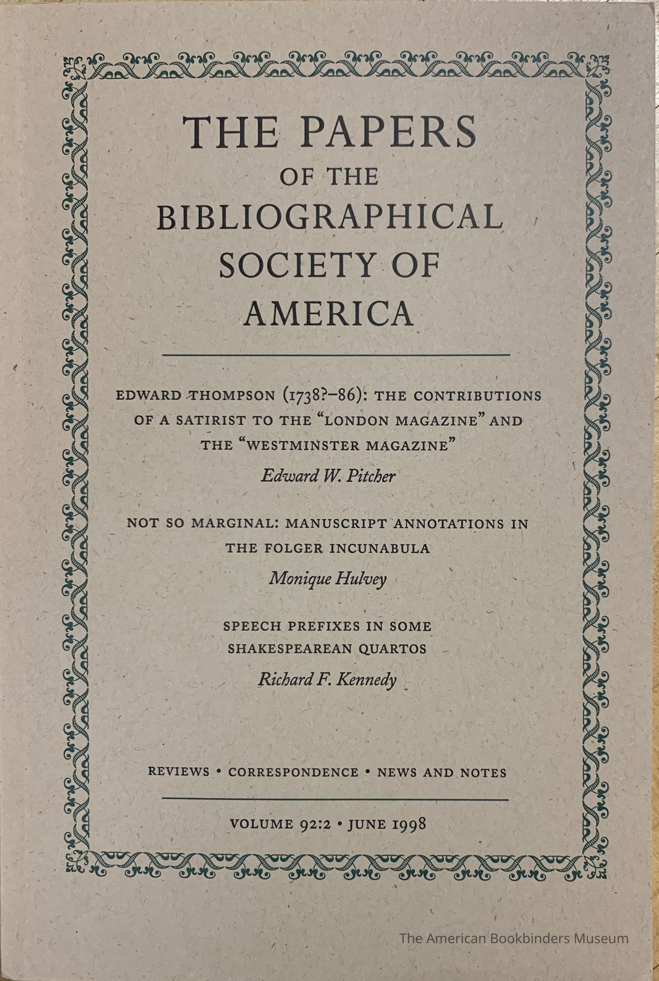 The papers of the Bibliographical Society of America. Vol. 92:2 : June 1998. picture number 1