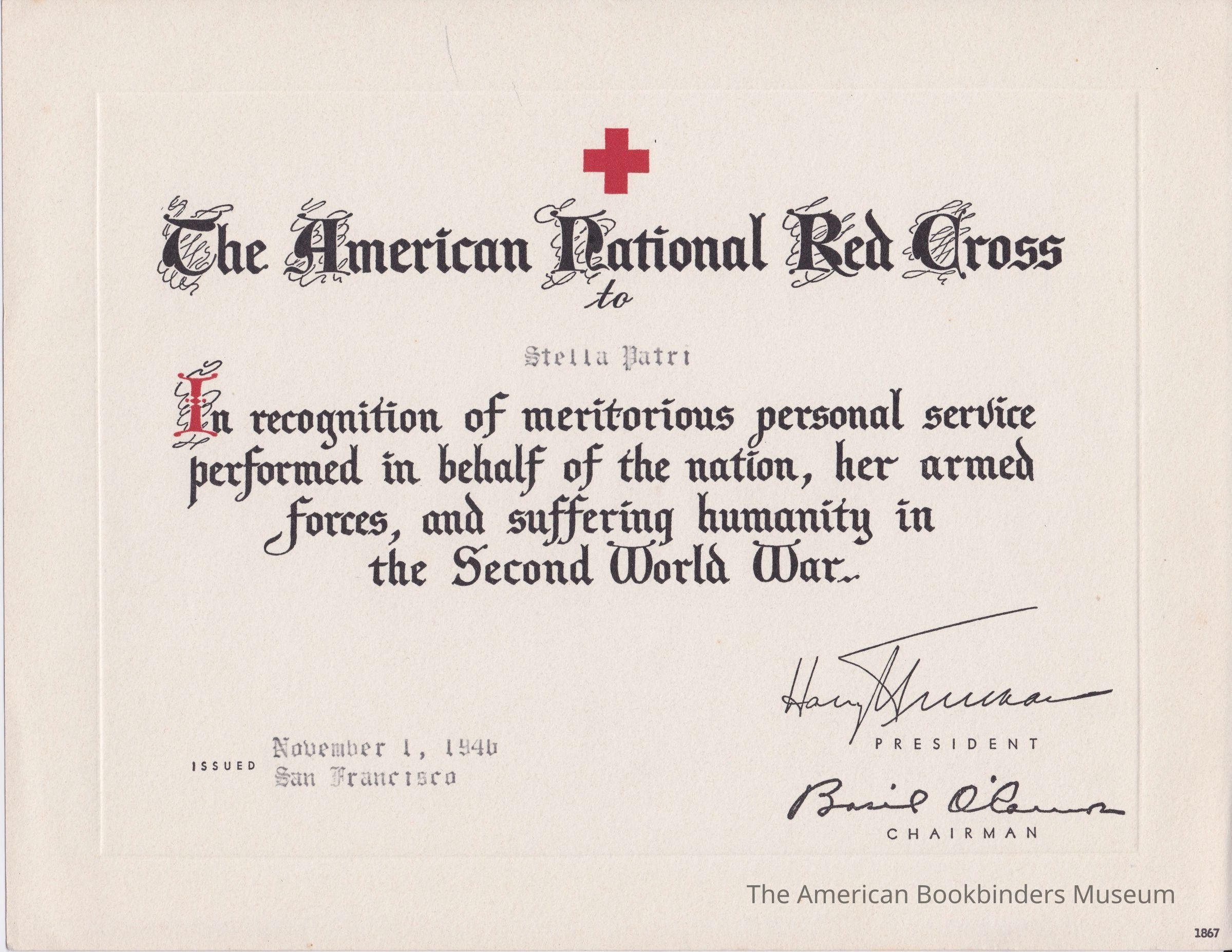          Certificate from the Red Cross to Stella Patri picture number 1
 