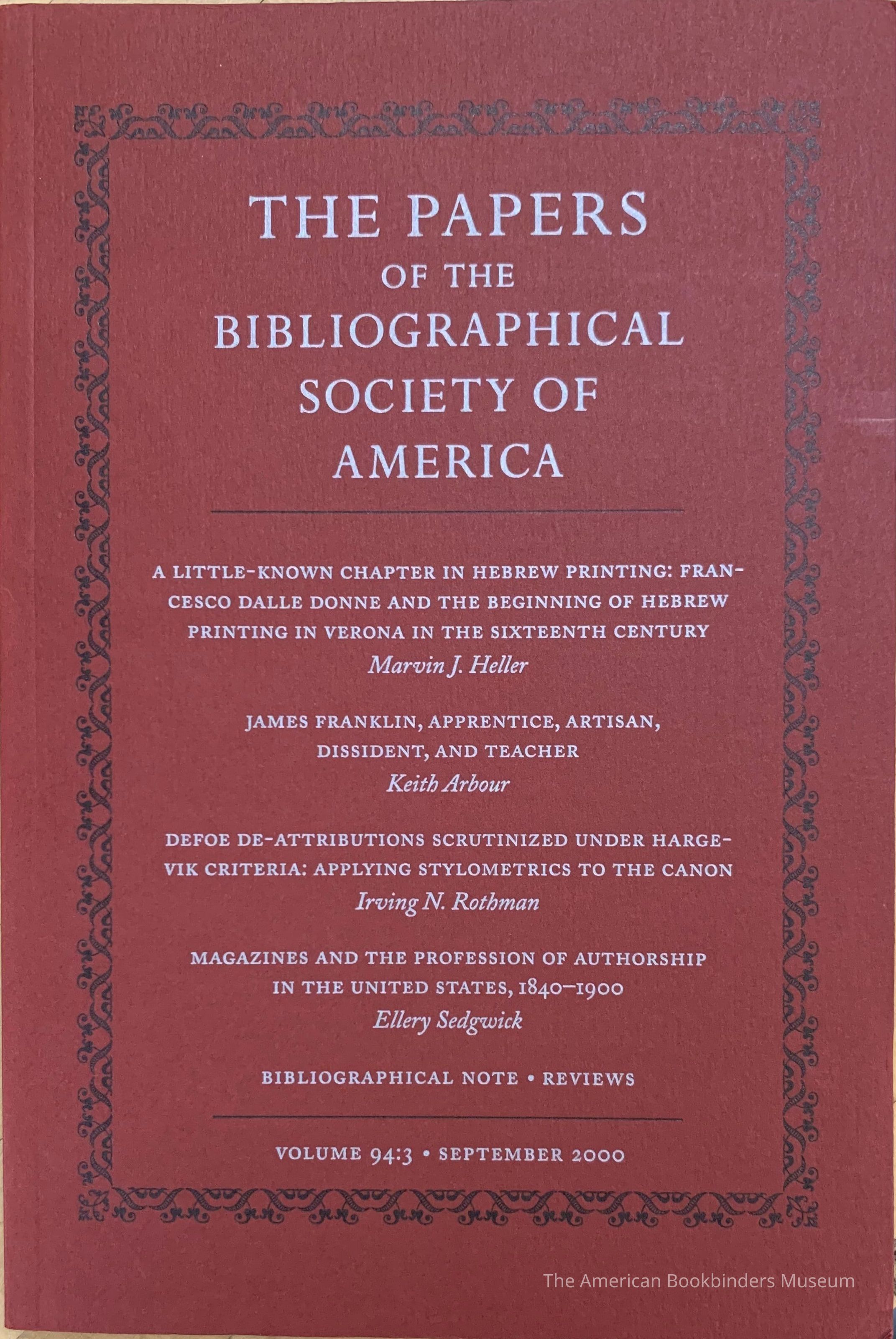 The papers of the Bibliographical Society of America. Vol. 94:3 : September 2000 picture number 1