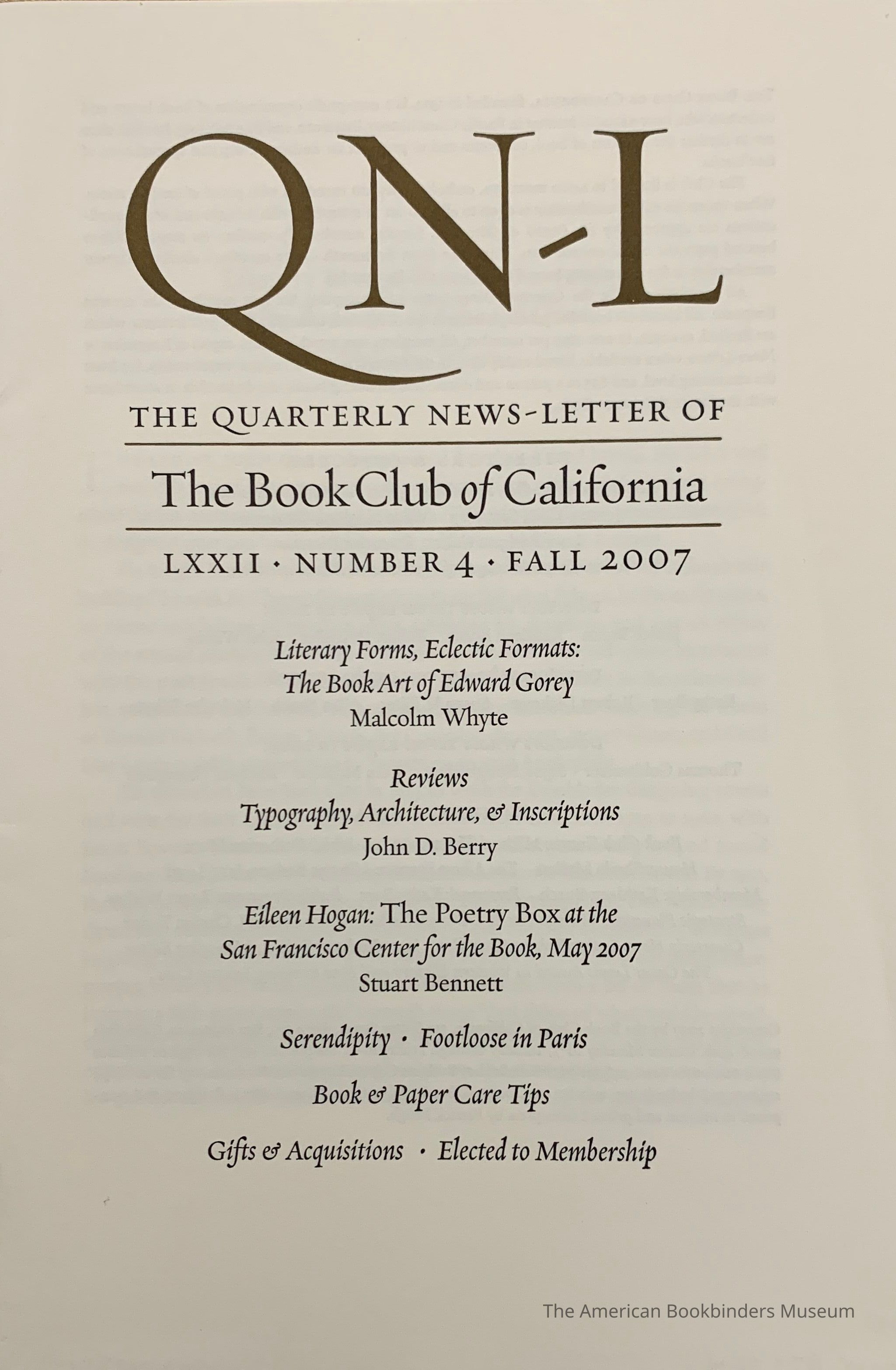 Quarterly news-letter - Book Club of California. Vol. LXXII, no.4 : Fall 2007. picture number 1