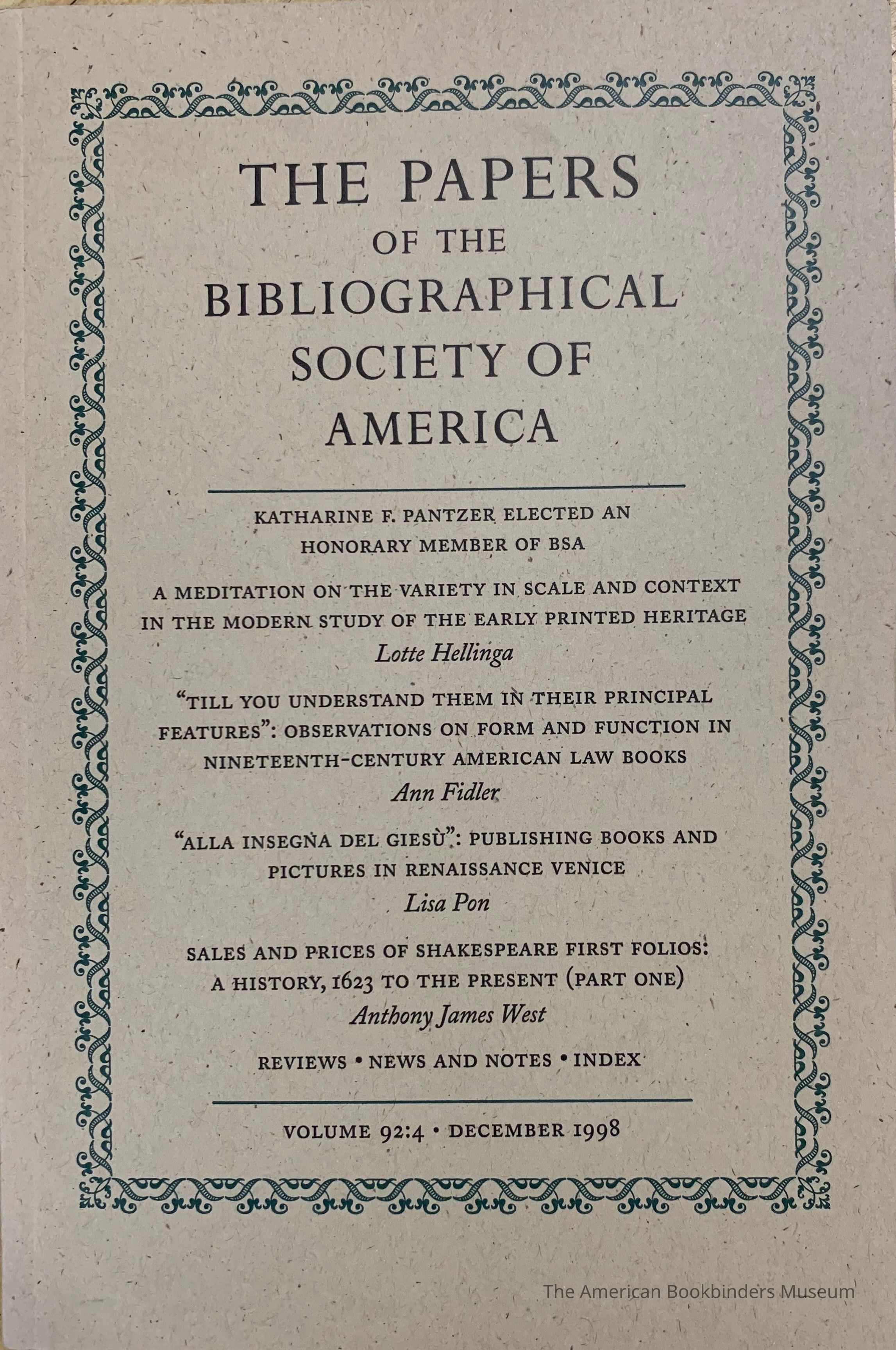          The papers of the Bibliographical Society of America. Vol. 92:4 : December 1998 picture number 1
   