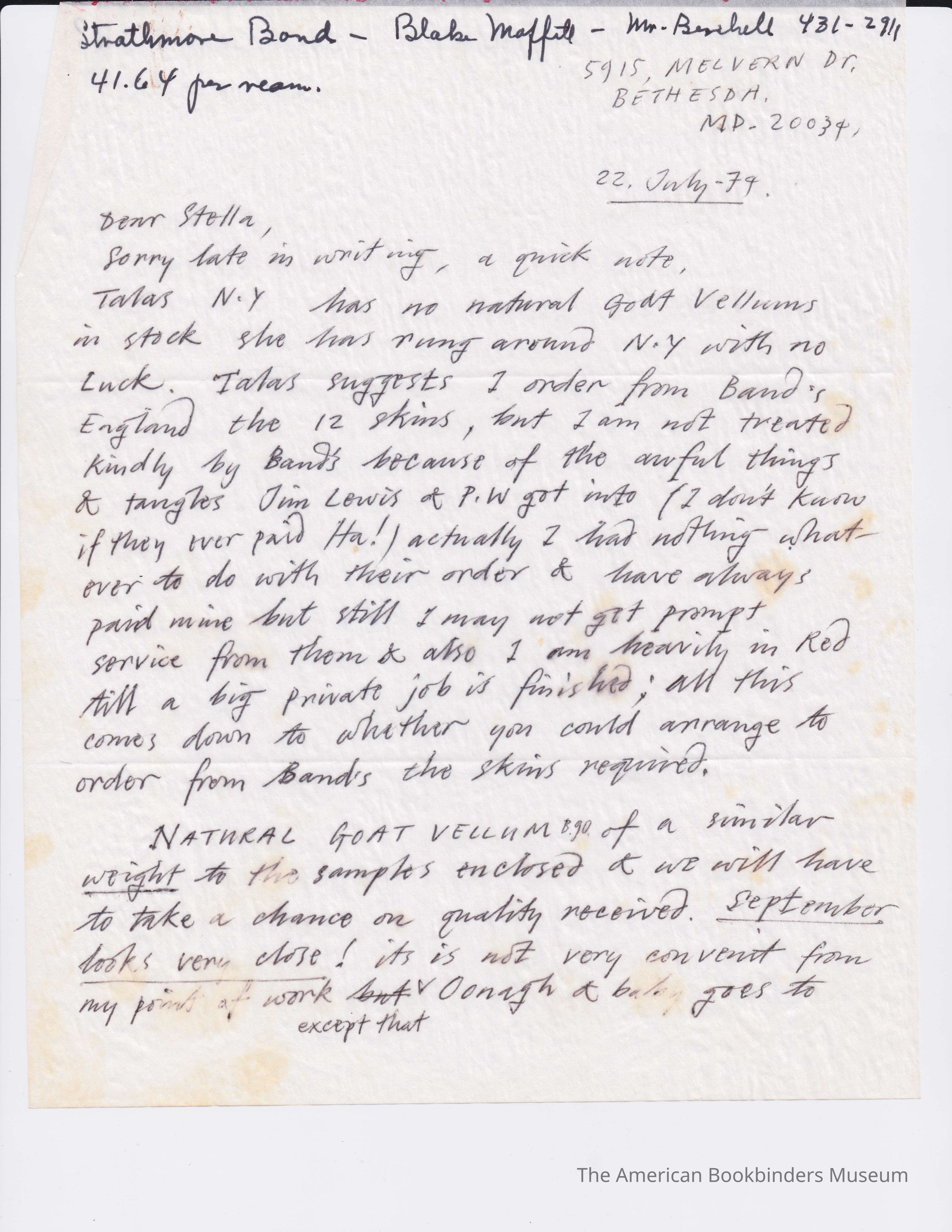 A letter from Clarkson to Patri on a goat vellum supplier picture number 1