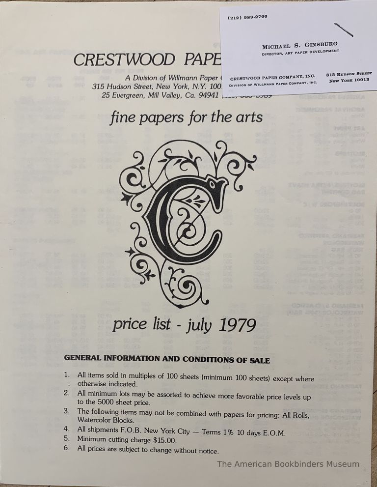          Crestwood Paper Co. Inc. - Fine papers for the arts - Price list July 1979. picture number 1
   