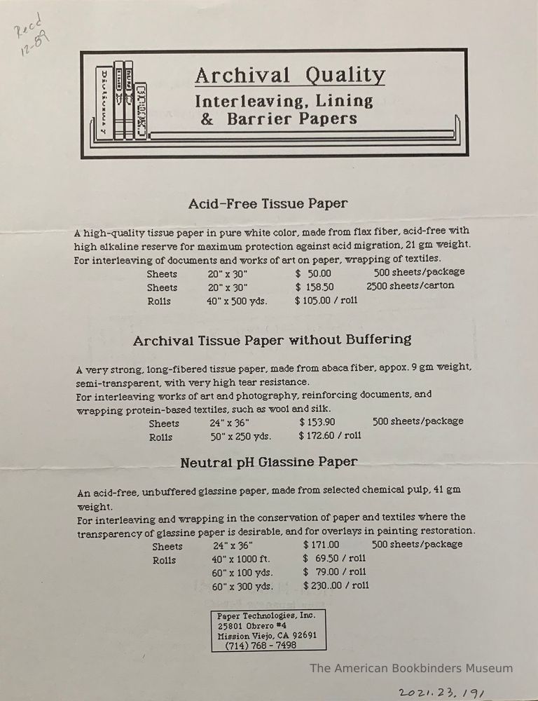          Archival Quality Interleaving, Lining & Barrier Papers. picture number 1
   