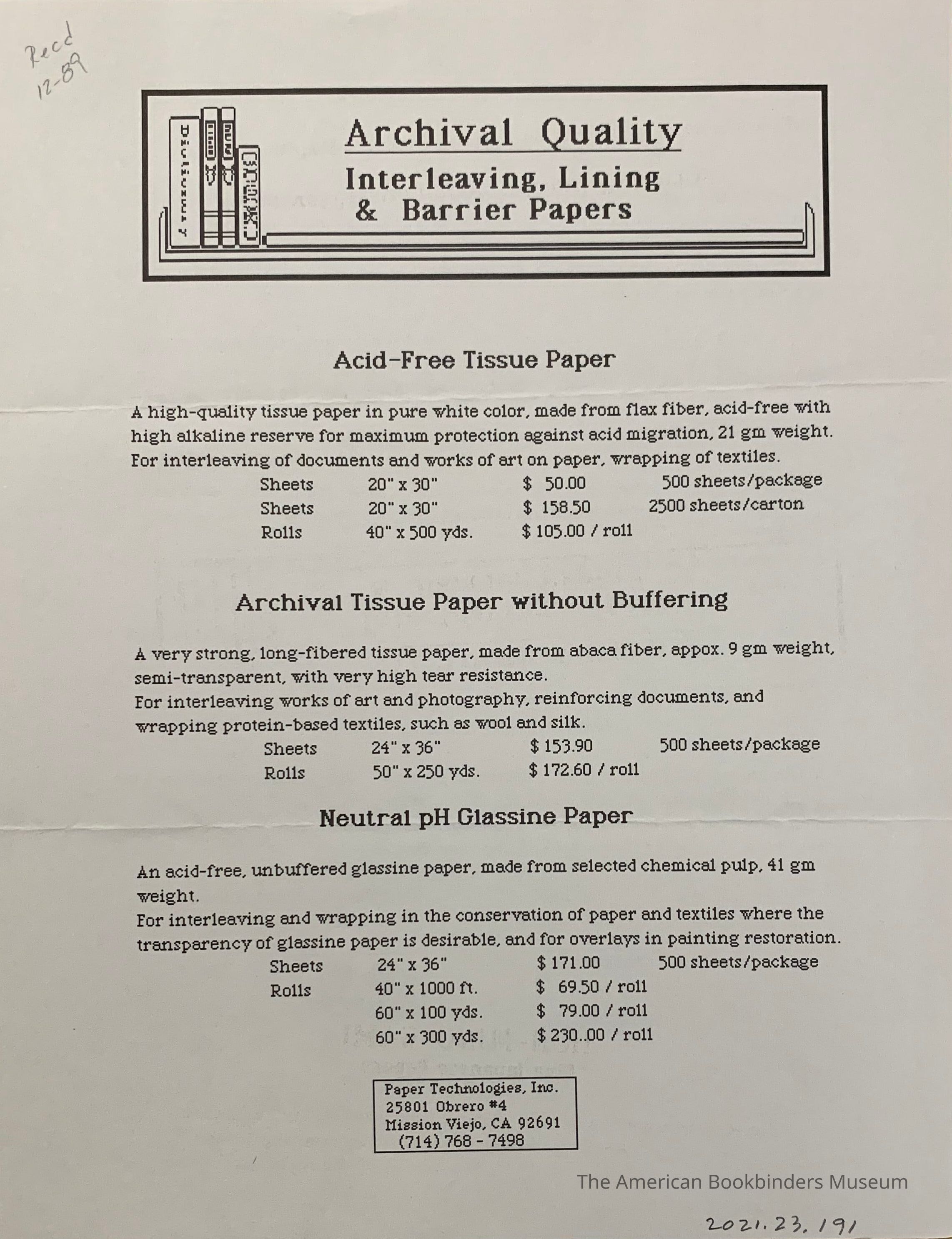          Archival Quality Interleaving, Lining & Barrier Papers. picture number 1
 