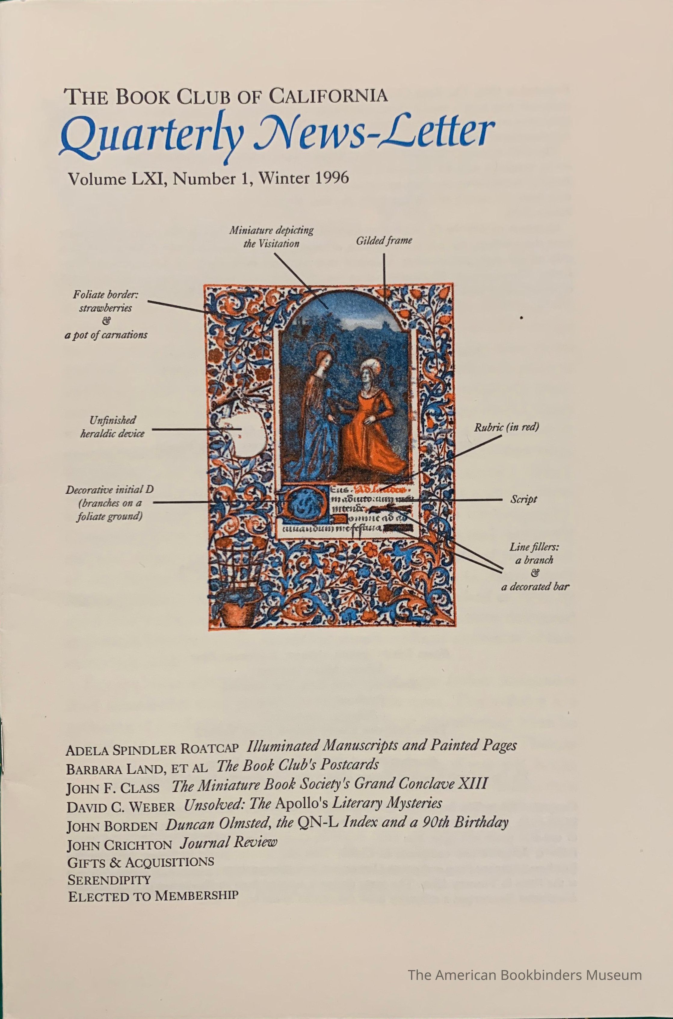          Quarterly news-letter - Book Club of California. Vol. LXI, no. 1 ; Winter 1996. picture number 1
   