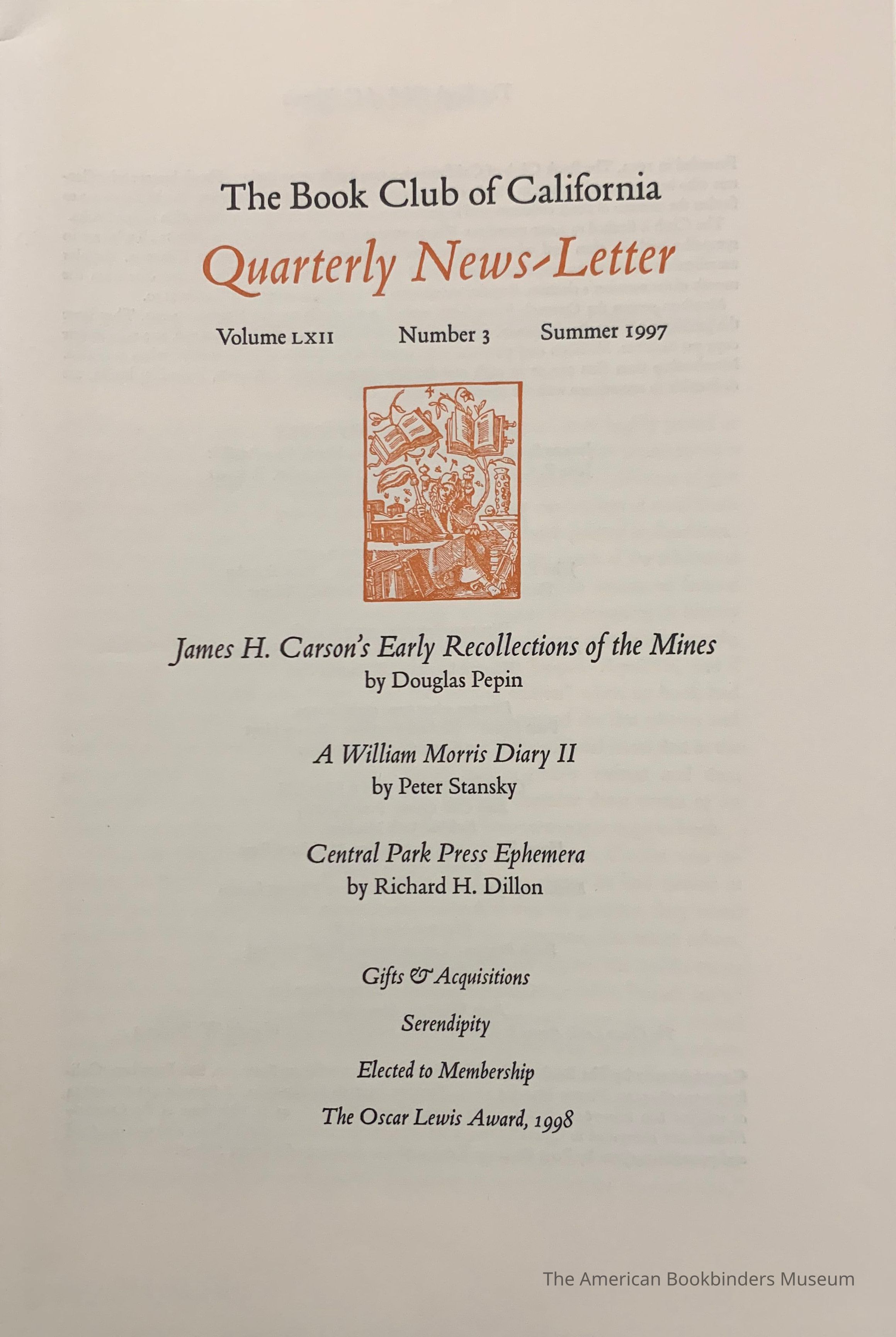 Quarterly news-letter - Book Club of California. Vol. LXII, no.3 ; Summer 1997. picture number 1