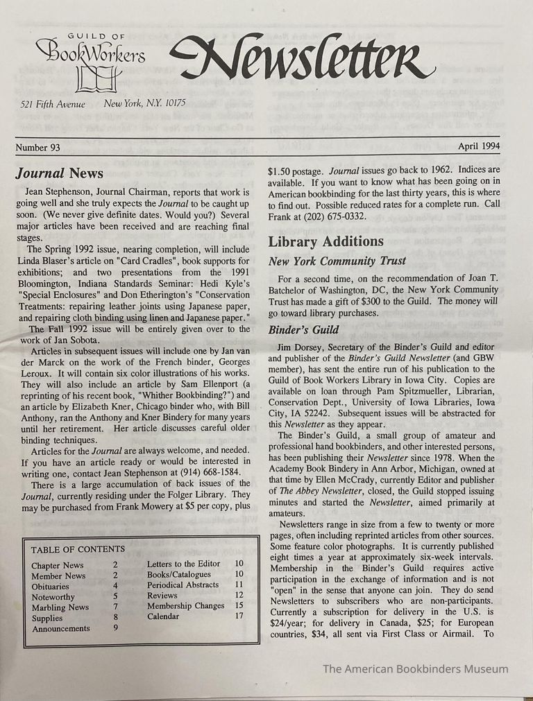          Guild of Book Binders Newsletter ; No. 93 , April 1994 picture number 1
   