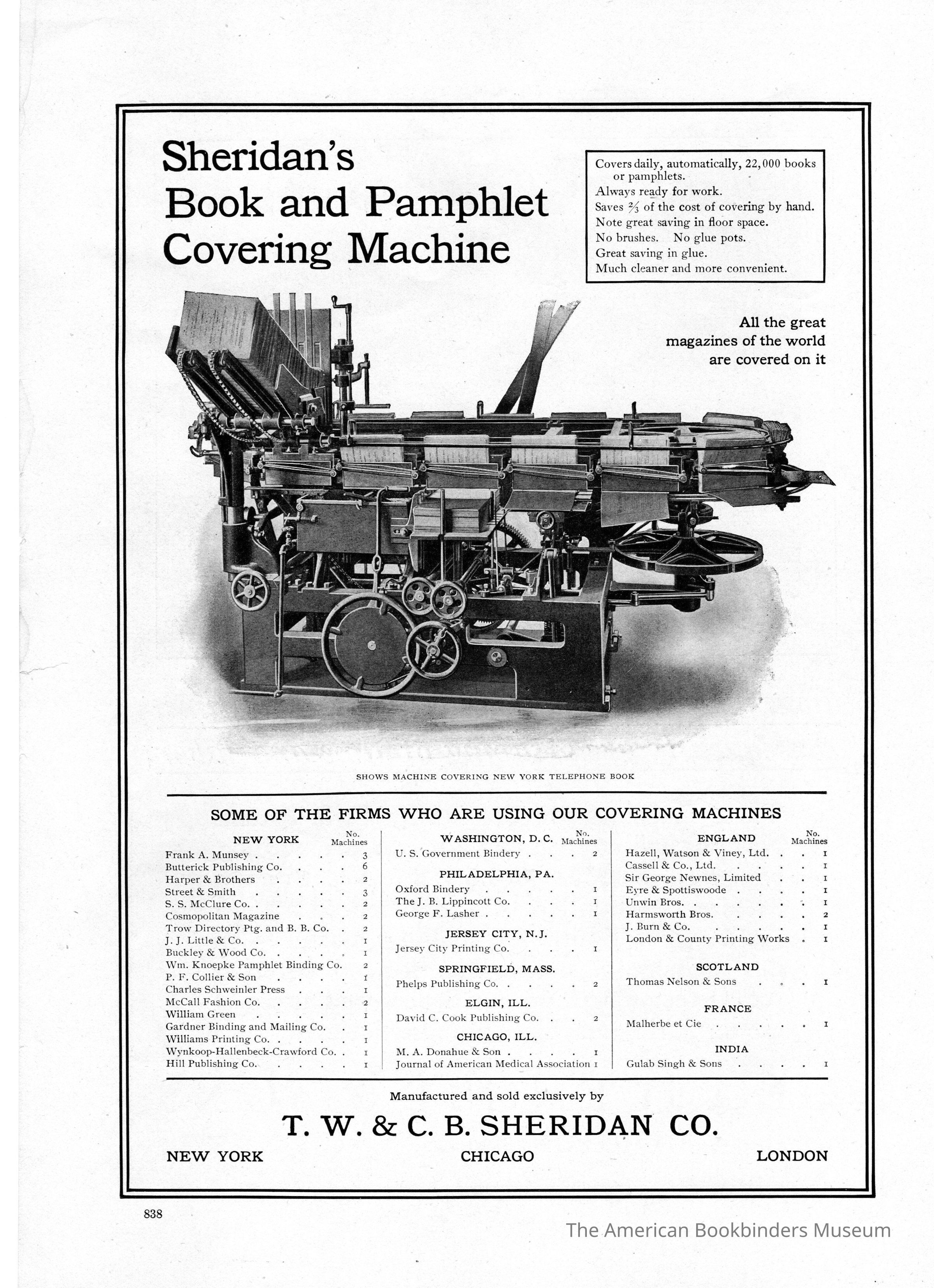 1908 TW & CB Sheridan Horizontal Covering Machine & Juengst collator/stitcher combo picture number 1