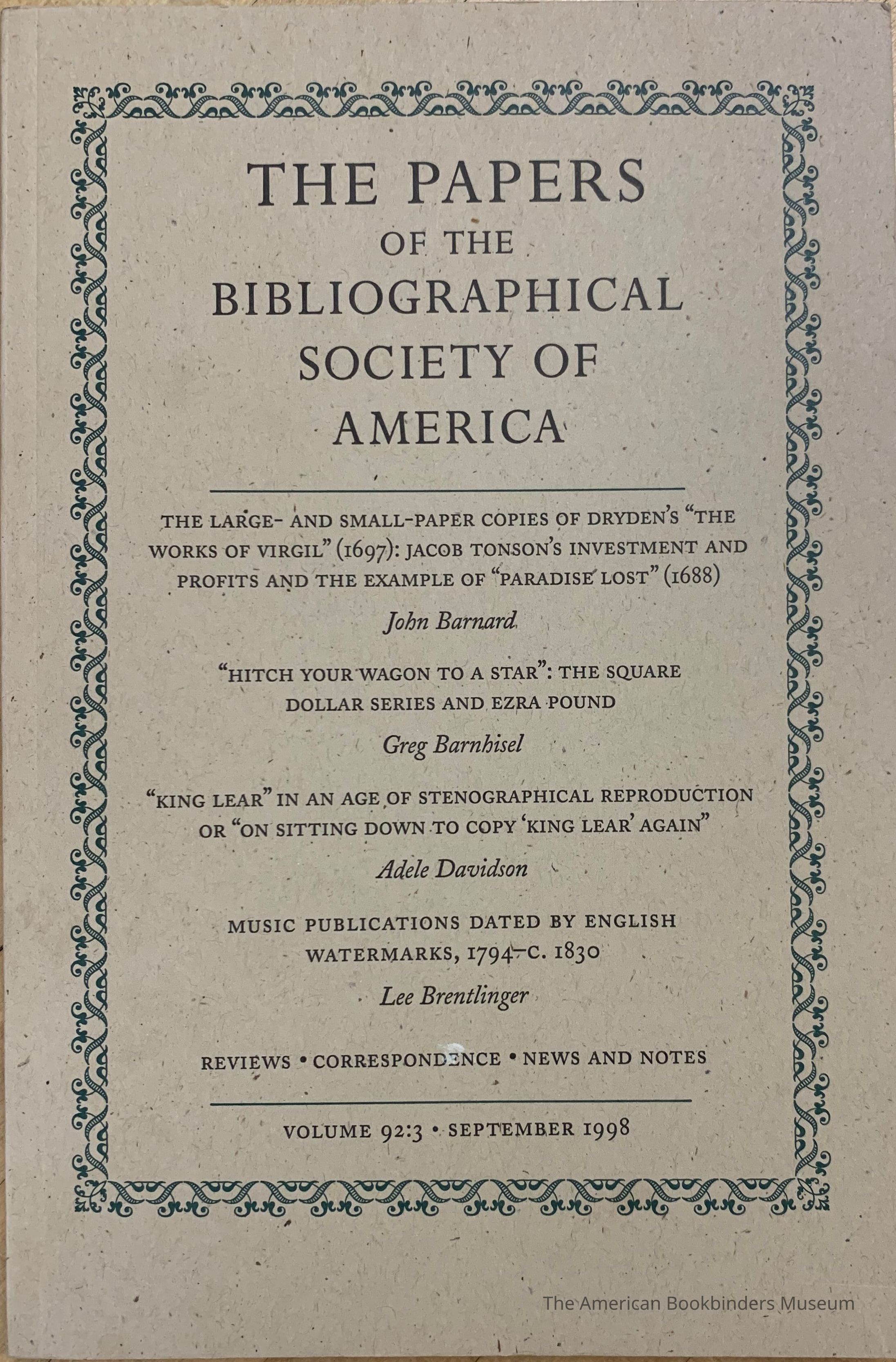 The papers of the Bibliographical Society of America. Vol. 92:3 ; September 1998 picture number 1