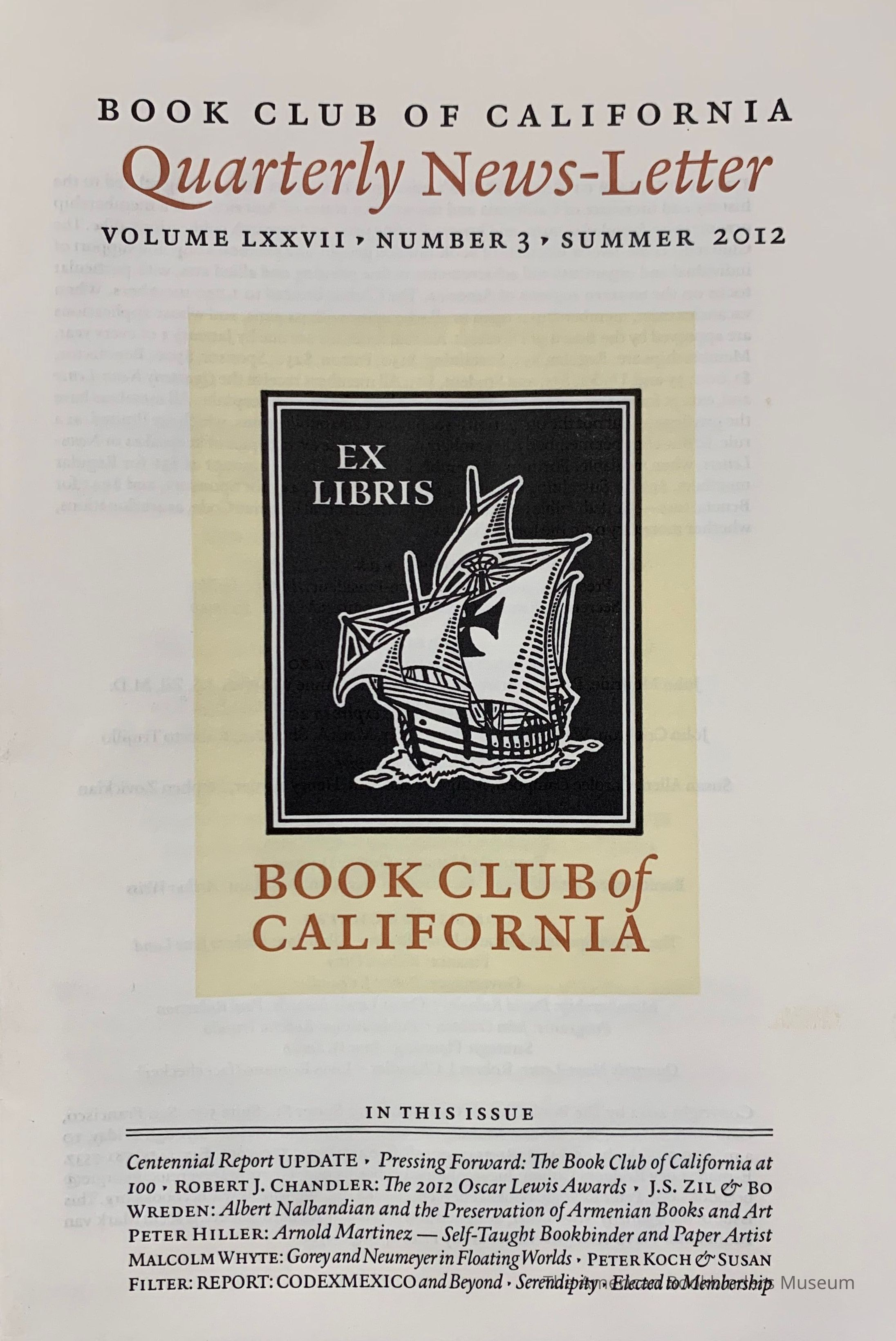 Quarterly news-letter - Book Club of California. Vol. LXXVII, no.3 : Summer 2012. picture number 1
