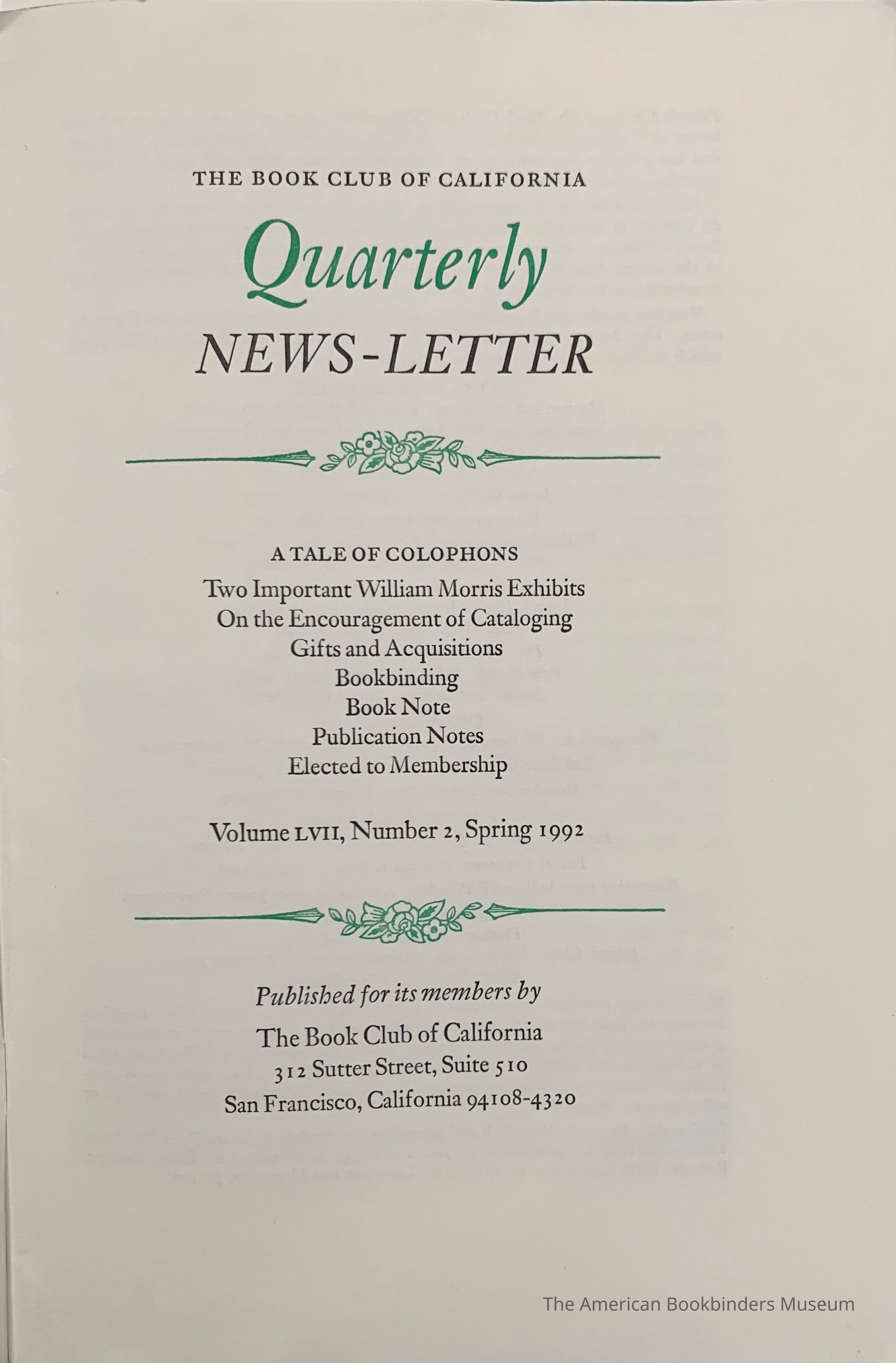 Quarterly news-letter - Book Club of California. Vol. LVII, no.2 ; Spring 1992. picture number 1