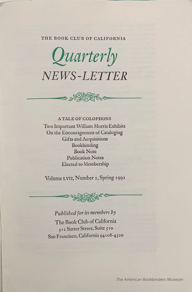          Quarterly news-letter - Book Club of California. Vol. LVII, no.2 ; Spring 1992. picture number 1
   