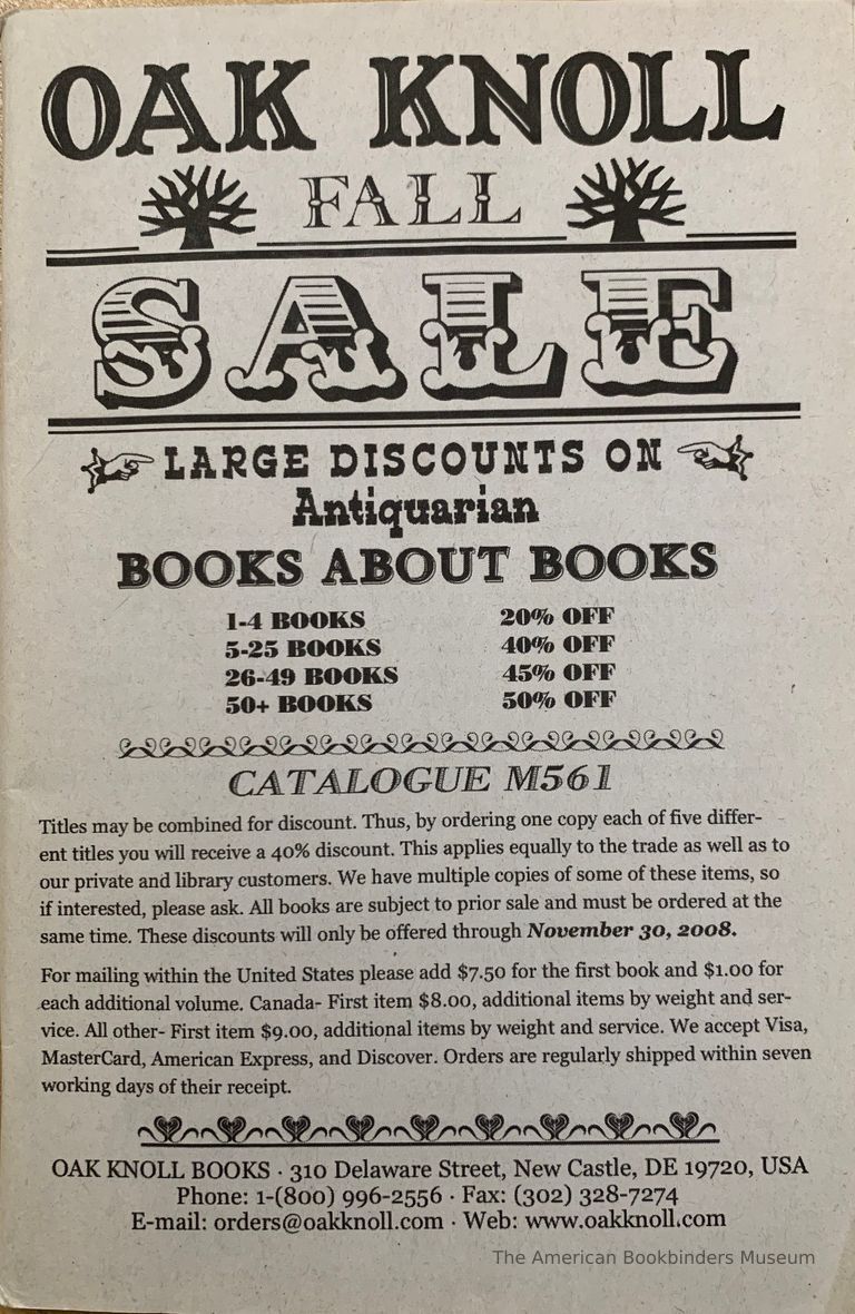          Oak Knoll fall sale, ... Antiquarian books about books. Catalogue M561. picture number 1
   